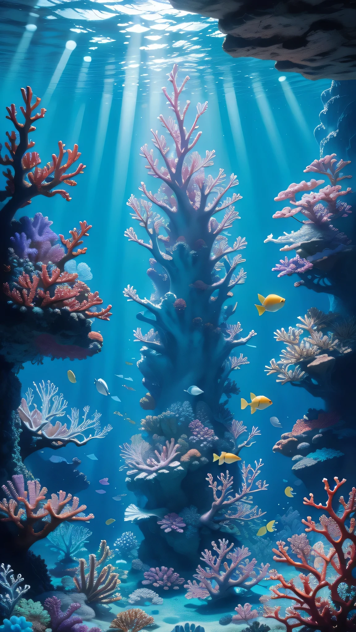 Create a magical underwater fantasy wallpaper with mystical sea creatures, colorful coral reefs, and shimmering light rays, transporting viewers to an enchanting underwater realm