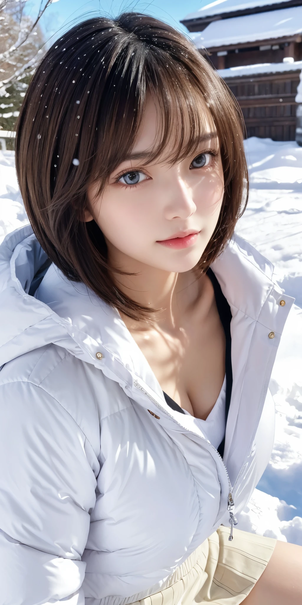 Photoreal、Masseter muscle part、highest quality、High resolution、RAW photo、realistic、bright lighting、face light、smooth professional lighting、japanese women、Beautiful woman、modeled、gravure、Sexy、super beautiful、realistic and beautiful skin、beautiful and detailed eyes、detailed face、slim、medium big breasts、short hair、brunette colored hair、brown eyes、looking at camera、Winter clothes、snow scene、mini skirt