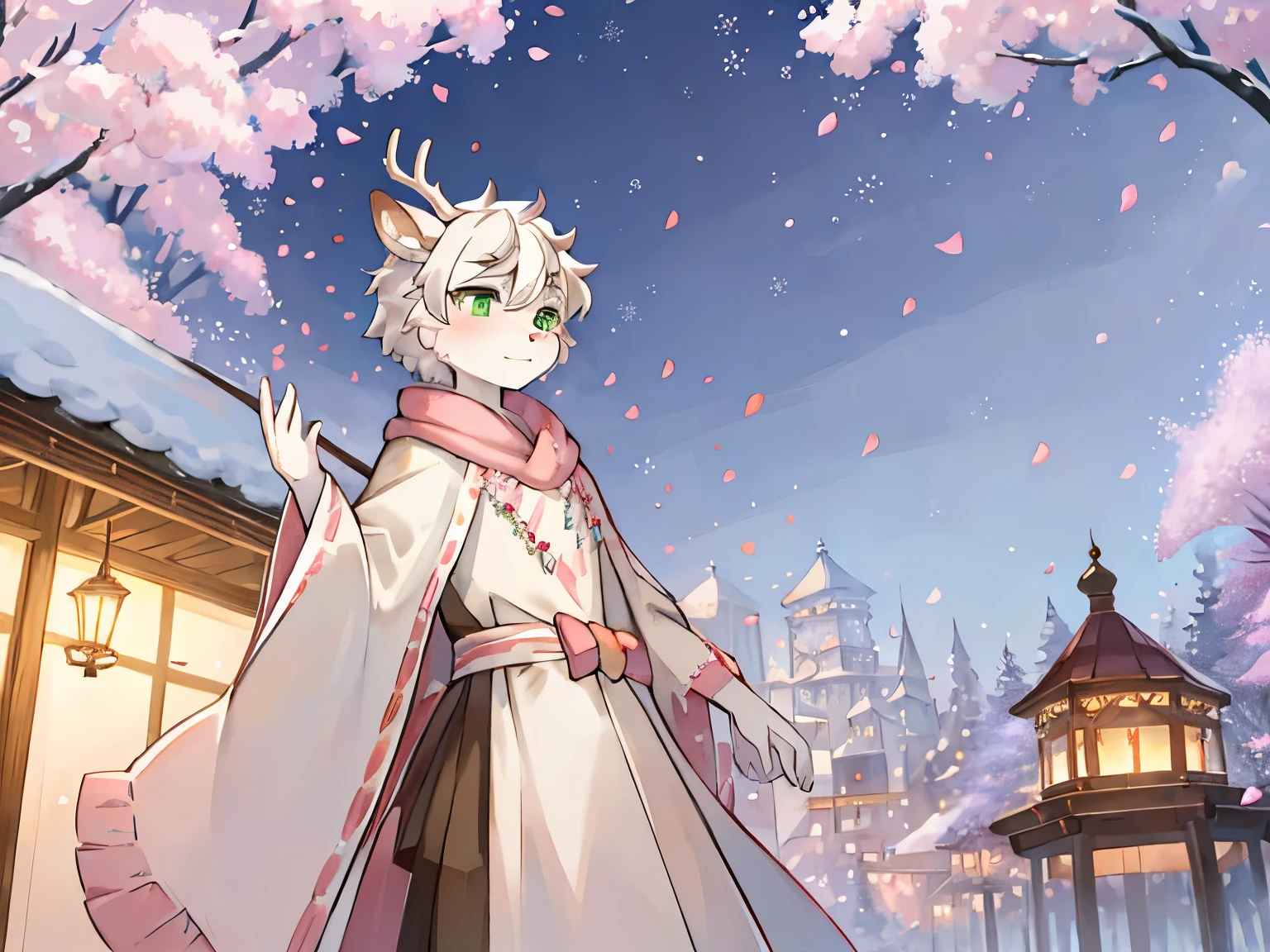 a white deer,antlers,Green pupils,white hair,robe,shawl,pink petals,pavilion,Wisteria rose,peach tree,snowflake,坐在pavilion中,Sky,Stretch out your hand to catch the petals,Petals in hand,falling petals,hold an umbrella,Heavy snow
