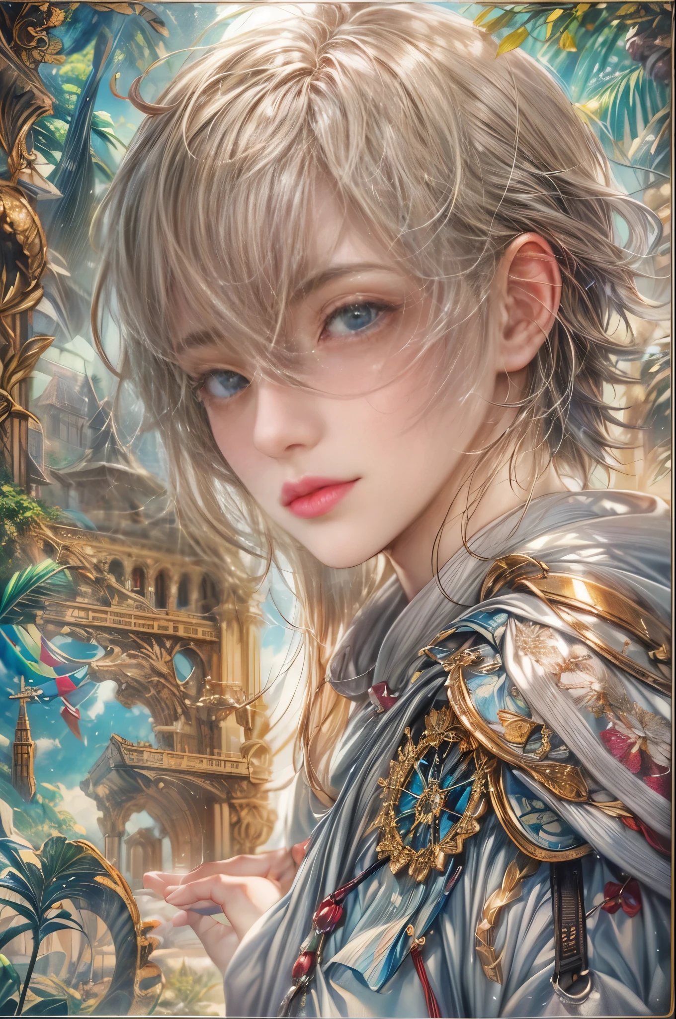 (absurdres, highres, ultra detailed, HDR), masterpiece, Intricate details,best quality picture of a character from Valkyrie Elysium, handsome teen boy with short Hair anime eyes, intricate details on face, in a detailed outside paradise sanctuary scenery, detailed character, art kenouji