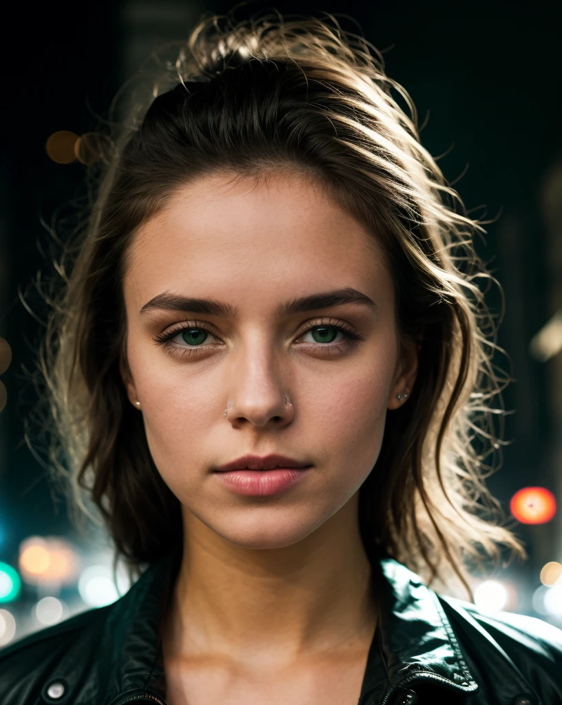 city ​​street, metro, Volumetric, close-up portrait photo of a young woman in light clothes, ultra textured skin, green eyes, blond hair, white skin, long hair, wrinkles on the skin, freckles on the face