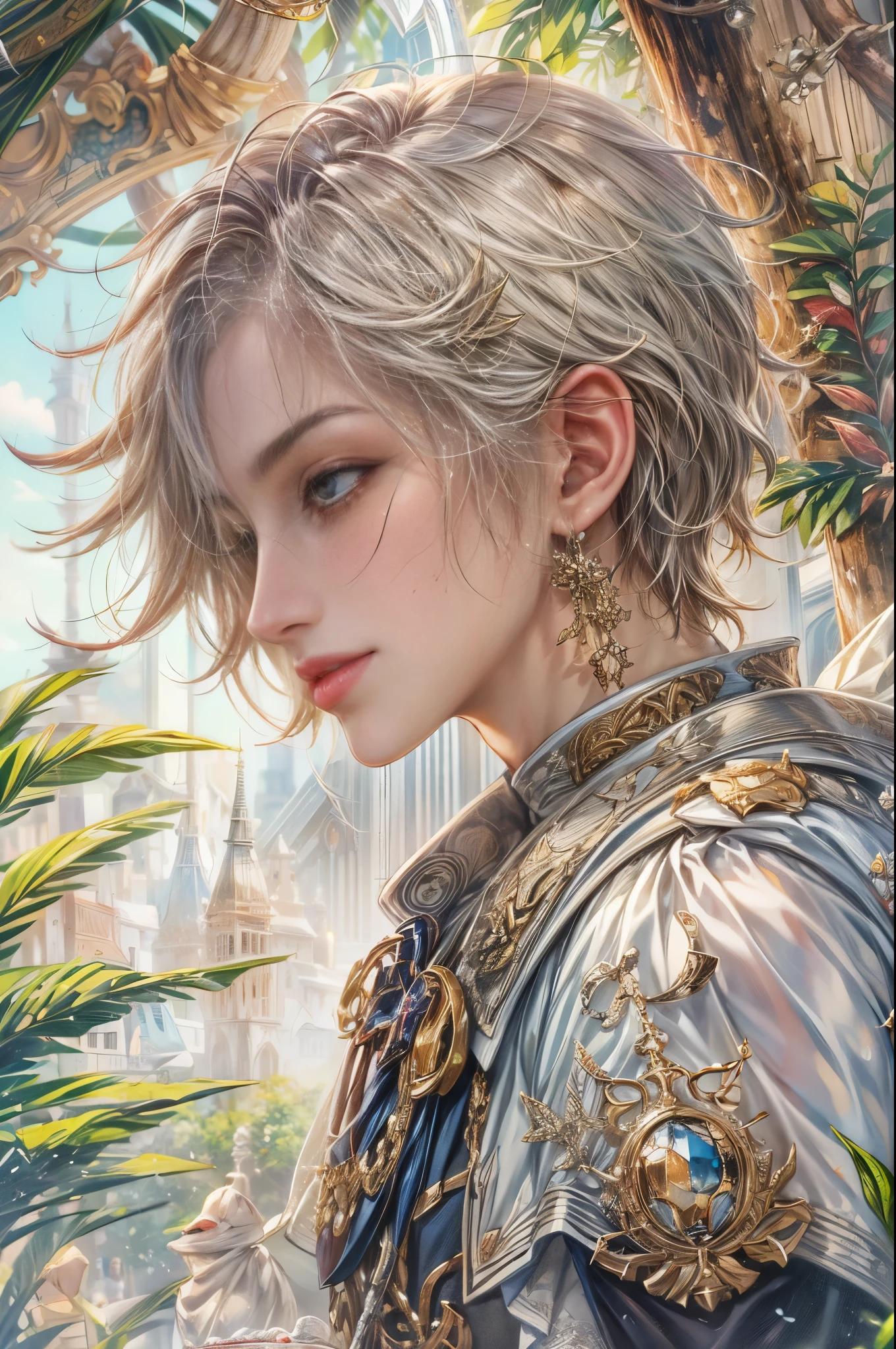 (absurdres, highres, ultra detailed, HDR), masterpiece, Intricate details,best quality picture of a character from Valkyrie Elysium, handsome teen boy with short Hair anime eyes, intricate details on face, in a detailed outside paradise sanctuary scenery, detailed character, art kenouji