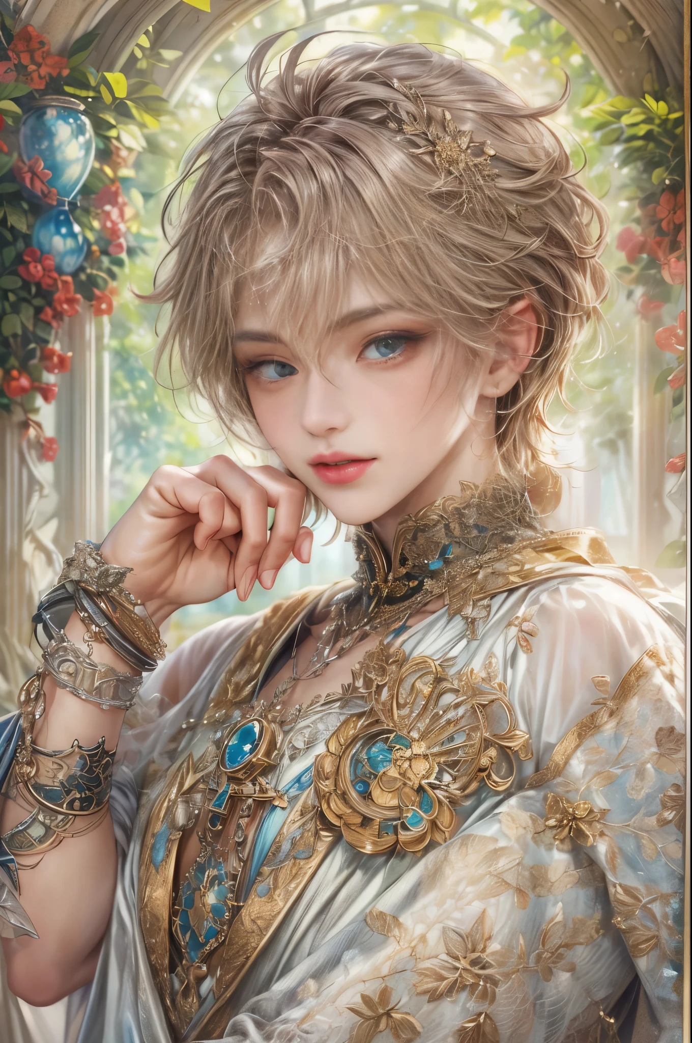 (absurdres, highres, ultra detailed, HDR), masterpiece, Intricate details,best quality picture of a character from Valkyrie Elysium, handsome teen boy with short Hair anime eyes, intricate details on face, in a detailed outside paradise sanctuary scenery, detailed character, art kenouji