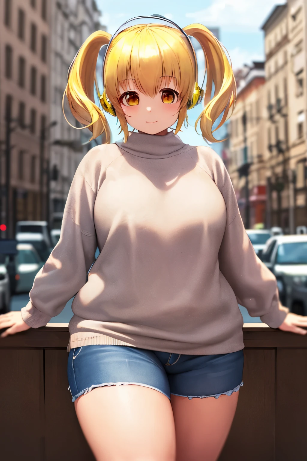 masterpiece, best_quality, 1girl, solo, super pochaco, blonde hair, plump, sweater, city