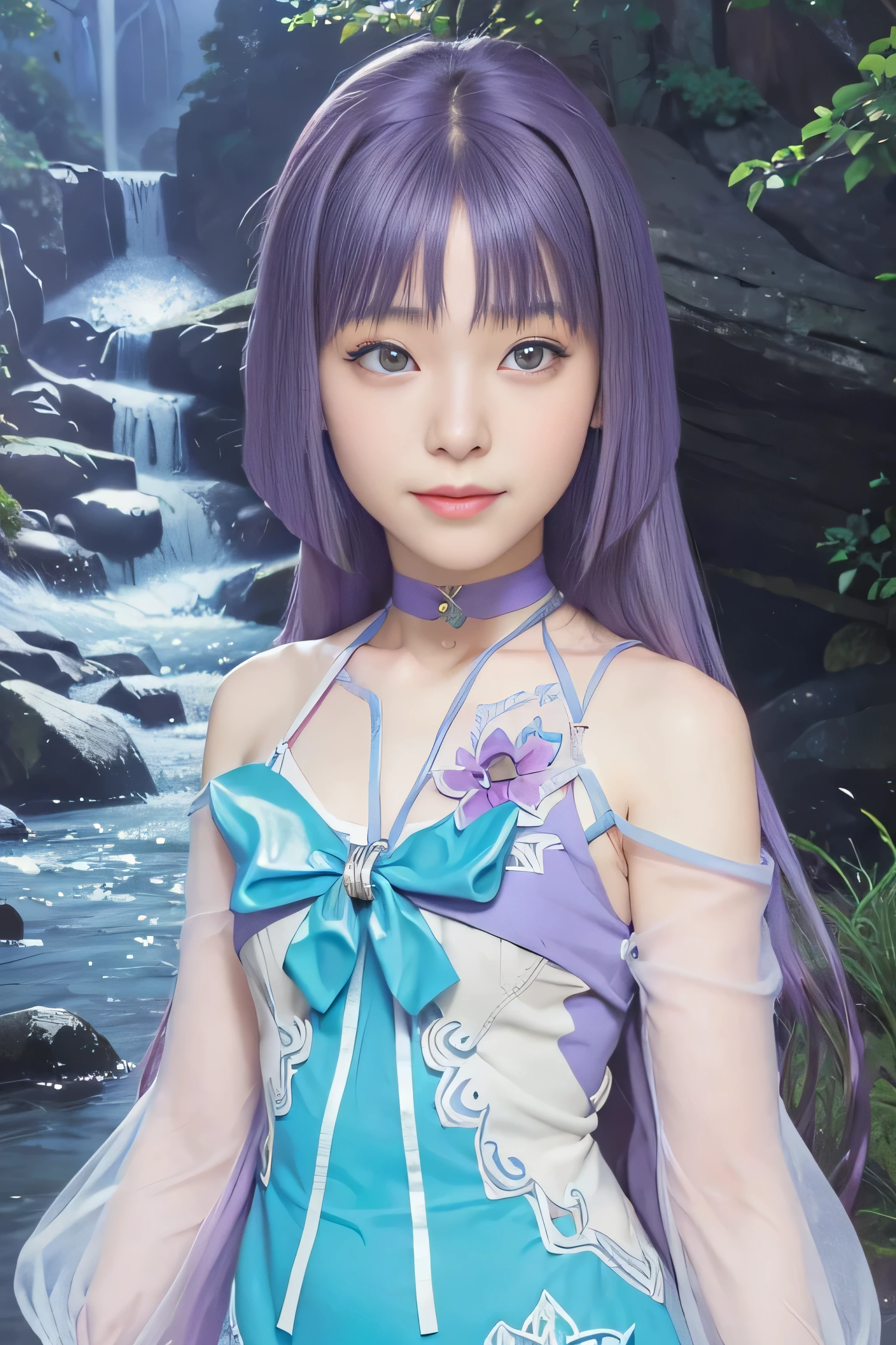 masterpiece, best quality, (realistic,photo-realistic:1.4), (RAW photo:1.2), extremely detailed CG unity 8k wallpaper, delicate and beautiful, amazing,finely detail, official art, absurdres, incredibly absurdres, huge filesize, ultra-detailed,extremely detailed eyes and face,light on face,sumire kakei,(little smile),(purple hair:1.4),(long hair:1.6),(wearing summer dress:1.5),river,choker,(medium breast:1.3)