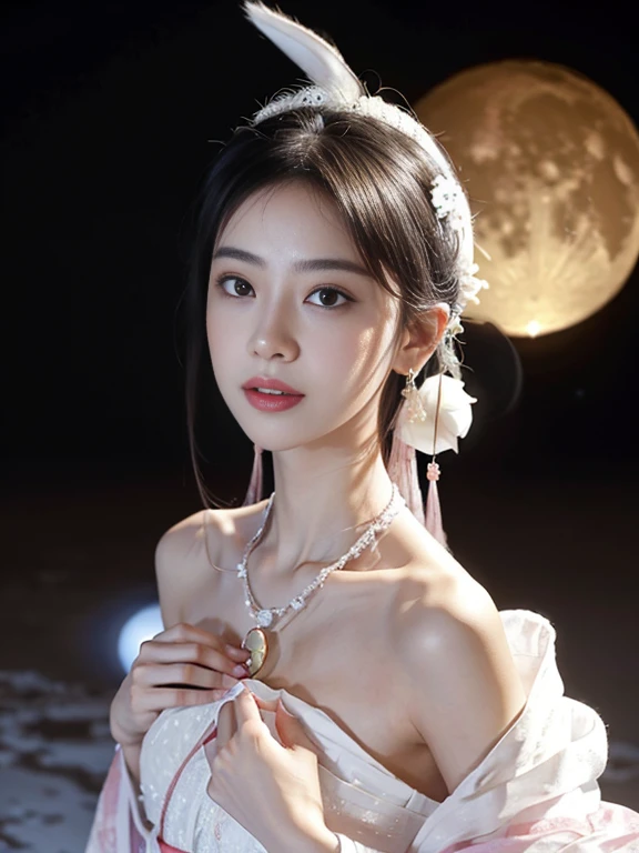 small head, (perfect bodies: 1.1), (short-length straight black short hair: 1.2), （Extremely detailed CG 8k wallpaper），（Extremely refined and beautiful），（masterpiece），（best qualtiy：1.0），（ultra high resolution：1.0），[A high resolution],a girl,(chang'e:1.5),cheerfulness，Smile，Smooth and flawless fair skin，ultra - detailed,(Small breasts:1.1),Flat chest,Slim,thin,(gorgeous white pink princess gauze Hanfu:1.4),(Chinese ancient costume:1.3), (Pink belly pocket:1.3),jewels,Necklaces, earrings, rings, bracelets,（In the luxurious Chinese moon palace:1.3）,night sky,(A huge moon as the background:1.5),from front，(Close shot:1.3),cowboy shot,(Portrait above the chest:1.5),bare shoulder,shoulder off,bare back,Charming collarbone,cleavage,navel,（Holding a big white rabbit in arms:1.6）,(A detailed big white rabbit:1.4)