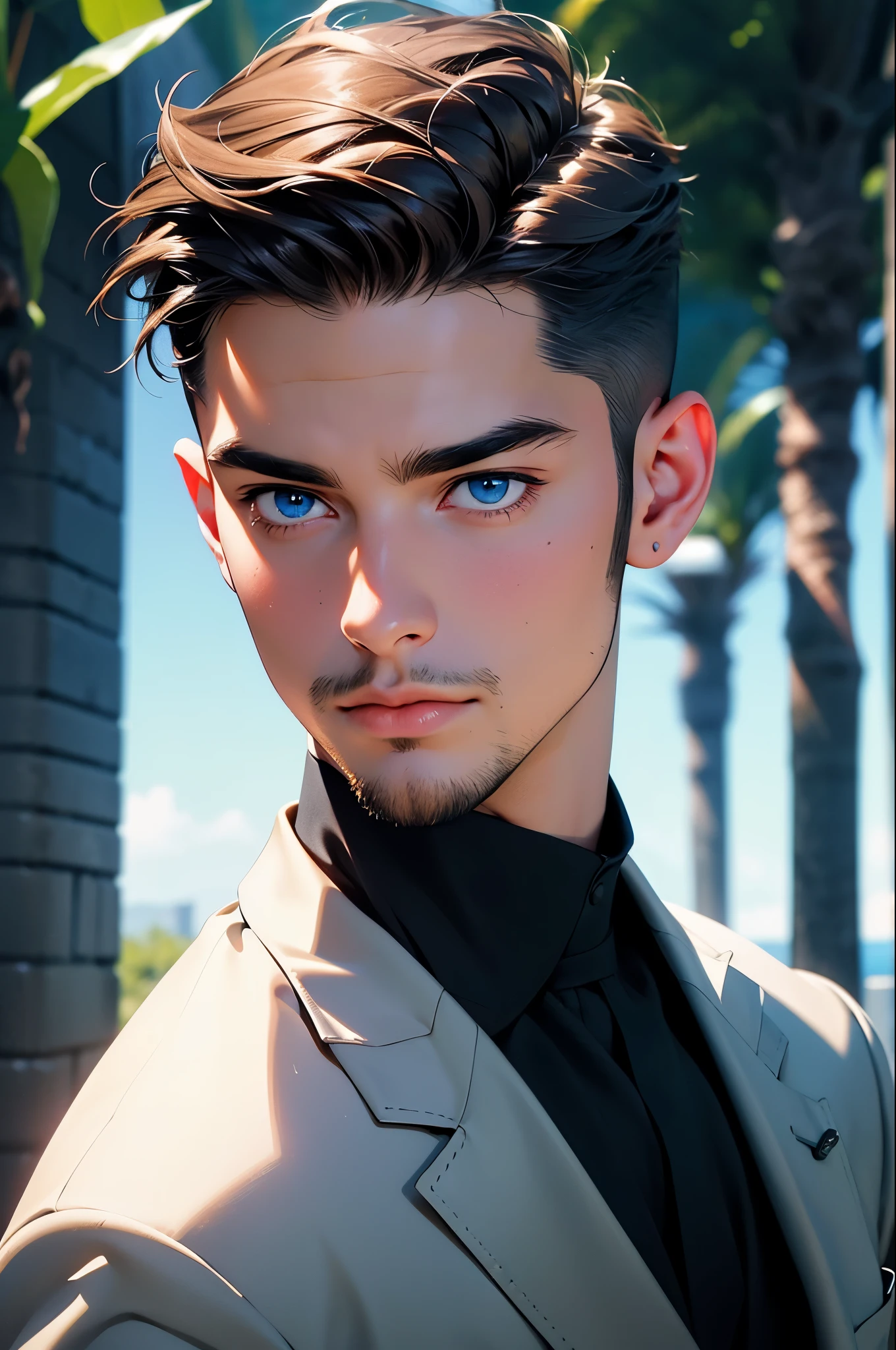 1 man, masterpiece, best quality, muscular male, three piece suit, olive-skinned, facial hair, chinstrap stubble, sideburns, brown hair, short hair, blue eyes, (bare forehead), handsome, mature, charming, alluring, (portrait), upper body, perfect anatomy, perfect proportions, 8k, HQ, (best quality:1.2, hyperrealistic:1.2, photorealistic:1.2, masterpiece:1.3, madly detailed photo:1.2), (hyper-realistic lifelike texture:1.2, realistic blue eyes:1.2), high_resolution, perfect eye pupil, (standing), perfecteyes, better_hands, perfecteyes,