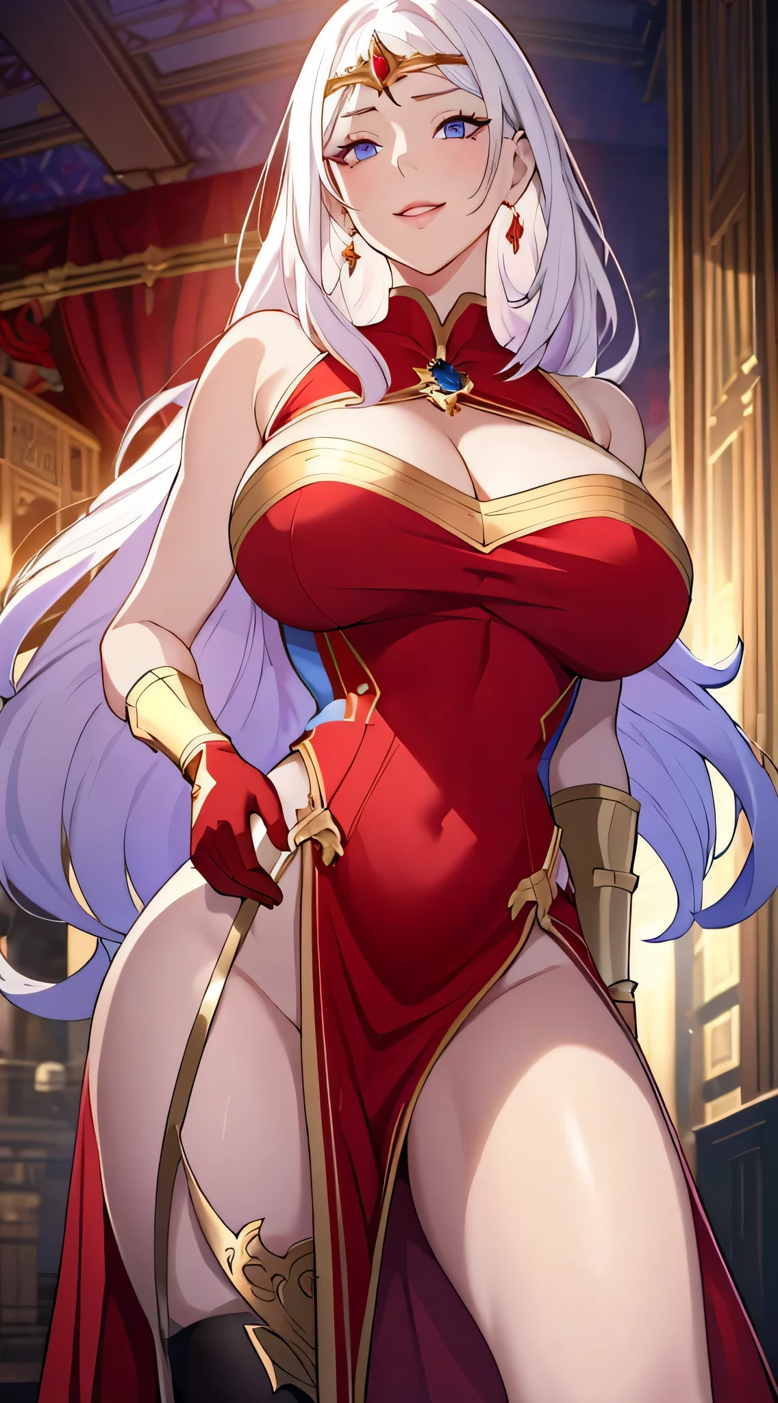 Lian, long white hair, hair stick, bangs, blue eyes, solo, smiling, standing, upper body, hips, bare shoulders,purple thighhighs, red dress, gold jewelry,armor,gloves,circlet, cleavage, red and gold royal castle, gigantic breasts, (best quality, masterpiece, beautiful and aesthetic:1.2, highest detailed face, perfect face,) eyes, perfect face,expressive eyes,
looking at viewer, in the center of the image,(Upper_body),(Focus on her face),
official art,extremely detailed CG unity 8k wallpaper, perfect lighting,Colorful, Bright_Front_face_Lighting,shiny skin,
(masterpiece:1.0),(best_quality:1.0), ultra high res,4K,ultra-detailed