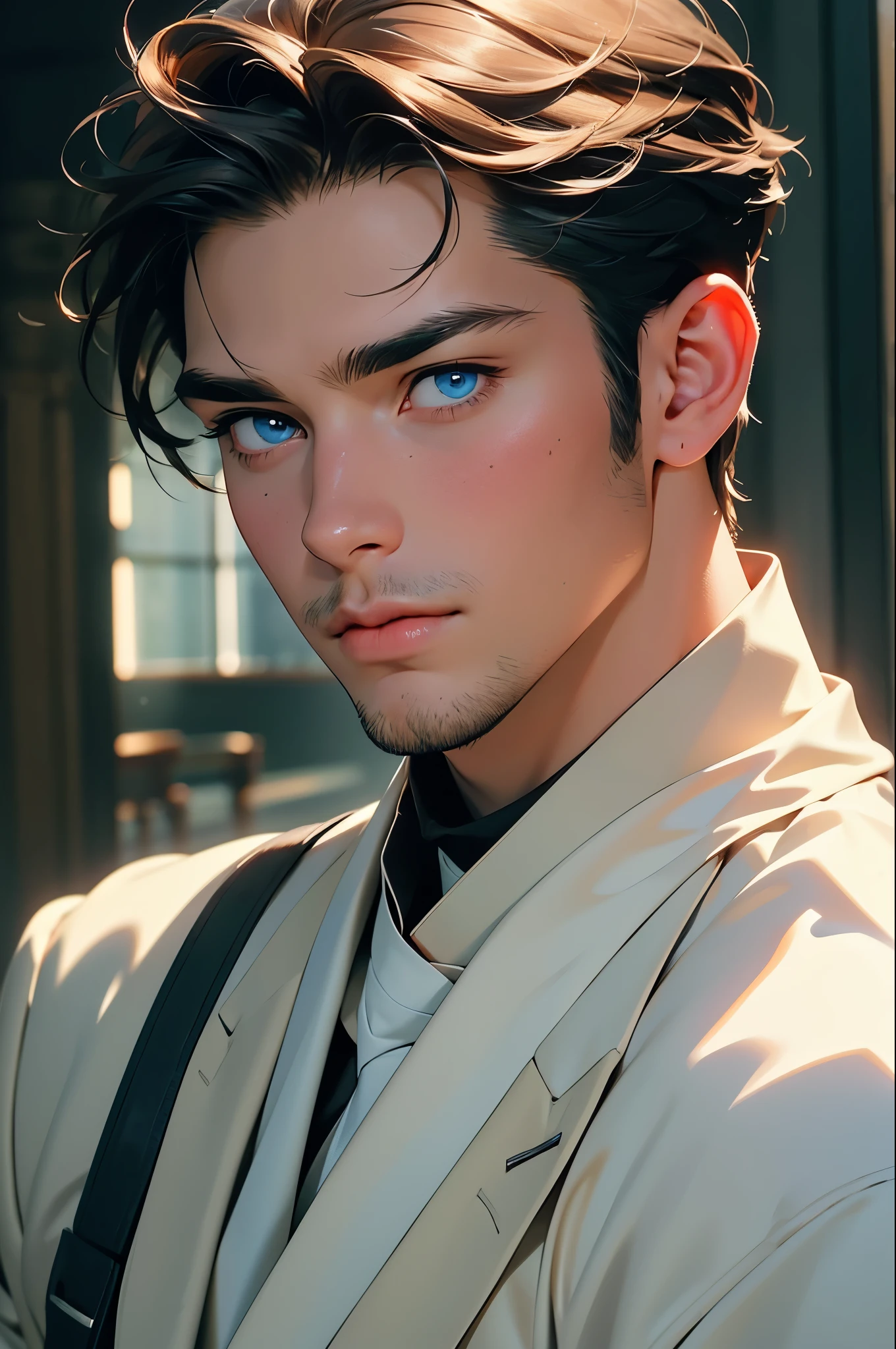 1 man, masterpiece, best quality, muscular male, three piece suit, olive-skinned, facial hair, chinstrap stubble, sideburns, brown hair, short hair, blue eyes, (bare forehead), handsome, mature, charming, alluring, (portrait), upper body, perfect anatomy, perfect proportions, 8k, HQ, (best quality:1.2, hyperrealistic:1.2, photorealistic:1.2, masterpiece:1.3, madly detailed photo:1.2), (hyper-realistic lifelike texture:1.2, realistic blue eyes:1.2), high_resolution, perfect eye pupil, (standing), perfecteyes, better_hands, perfecteyes,