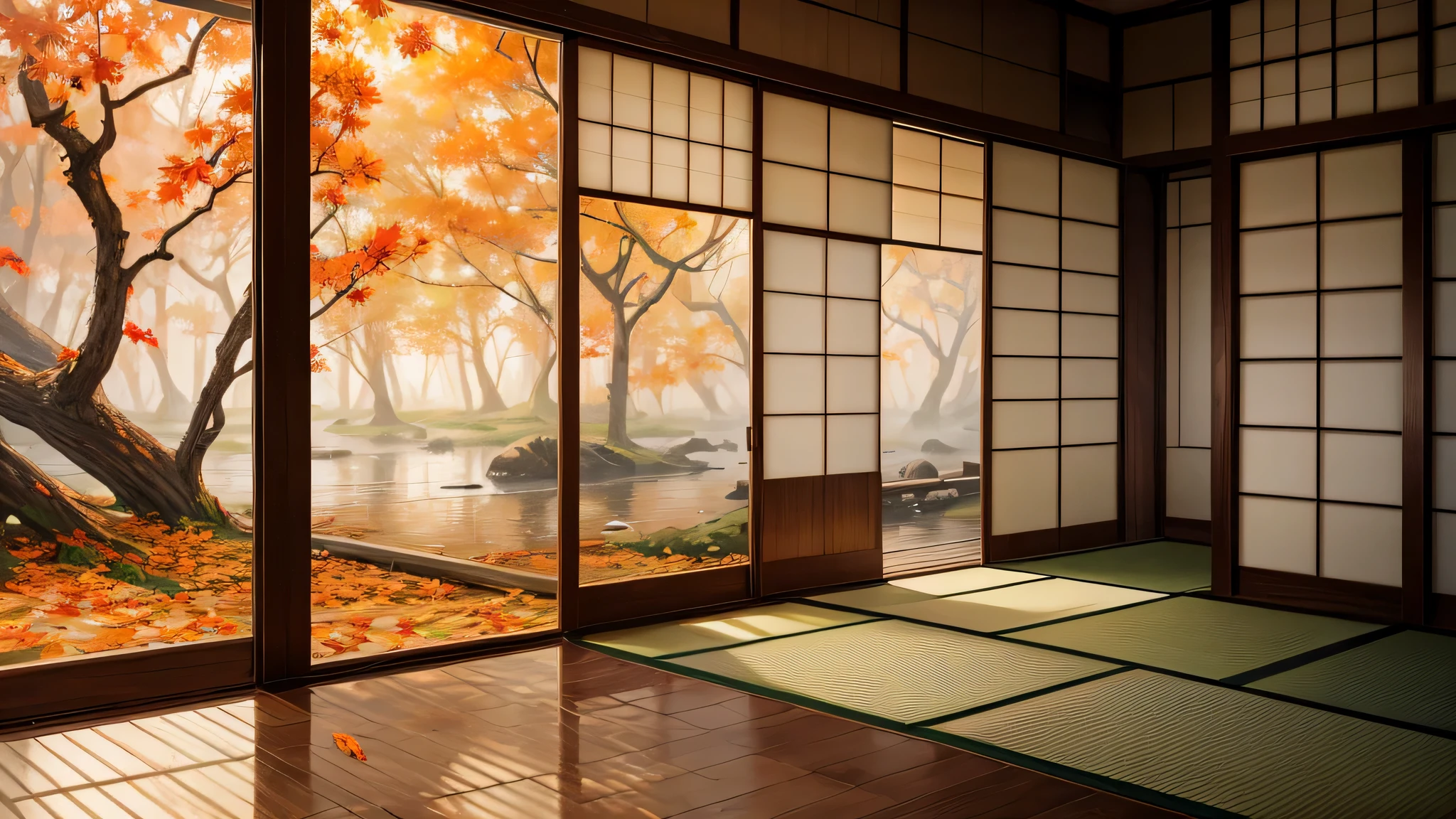 high res, high detailed, oil painting, autumn, traditional painting, indoor wide angle, foggy, the sky is full of fog, ancient japanese vibes, traditional japanese wood floor, traditional japanese slide door, fallen autumn leaves, wood floor, curtains, lake, orange lightning, golden hour, japanese ornament, no human, facing outward