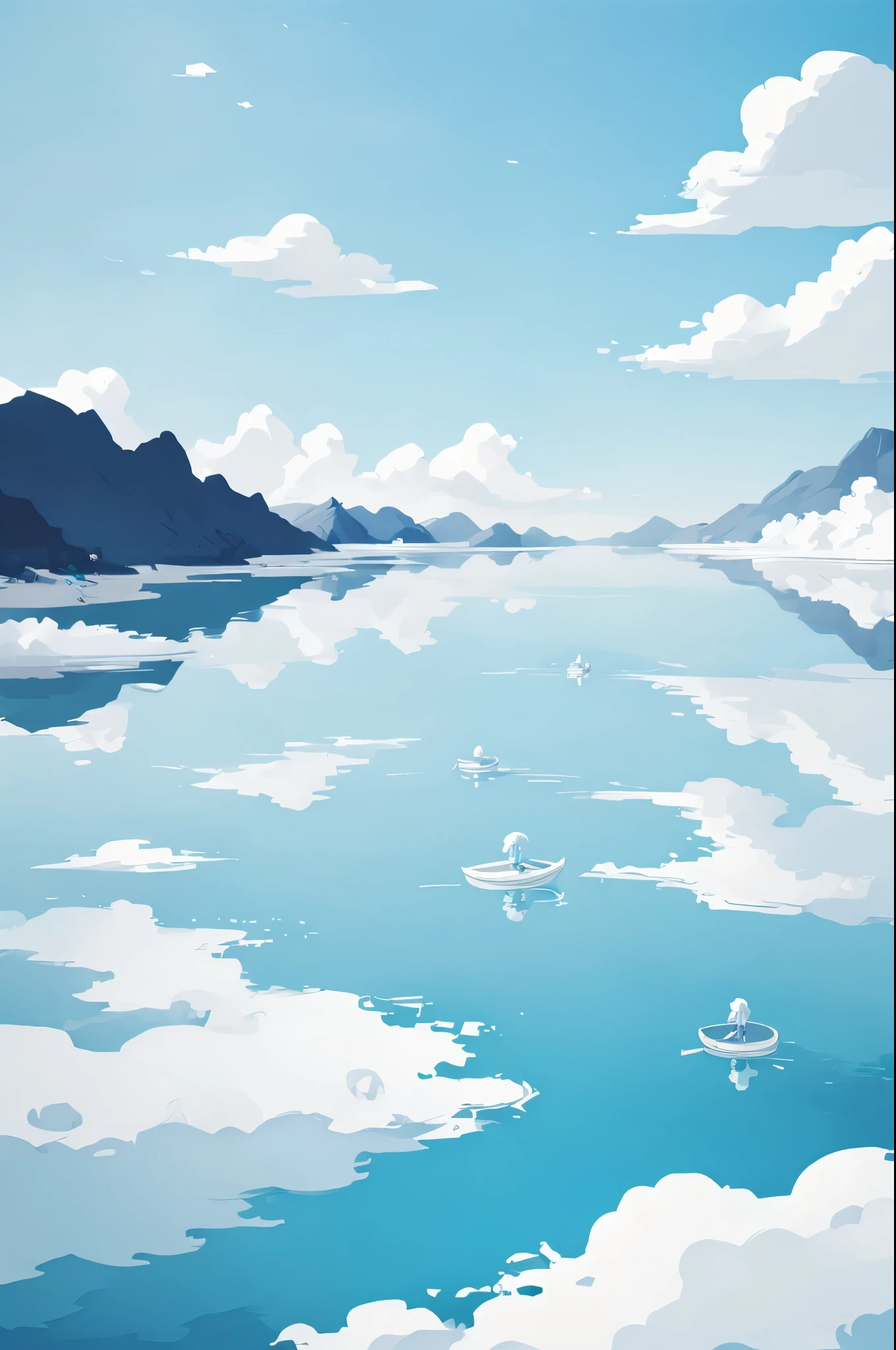 White-haired men floating on the water，minimalist，large areas of blue，animation art style，palette bright，dark white and light sky blue