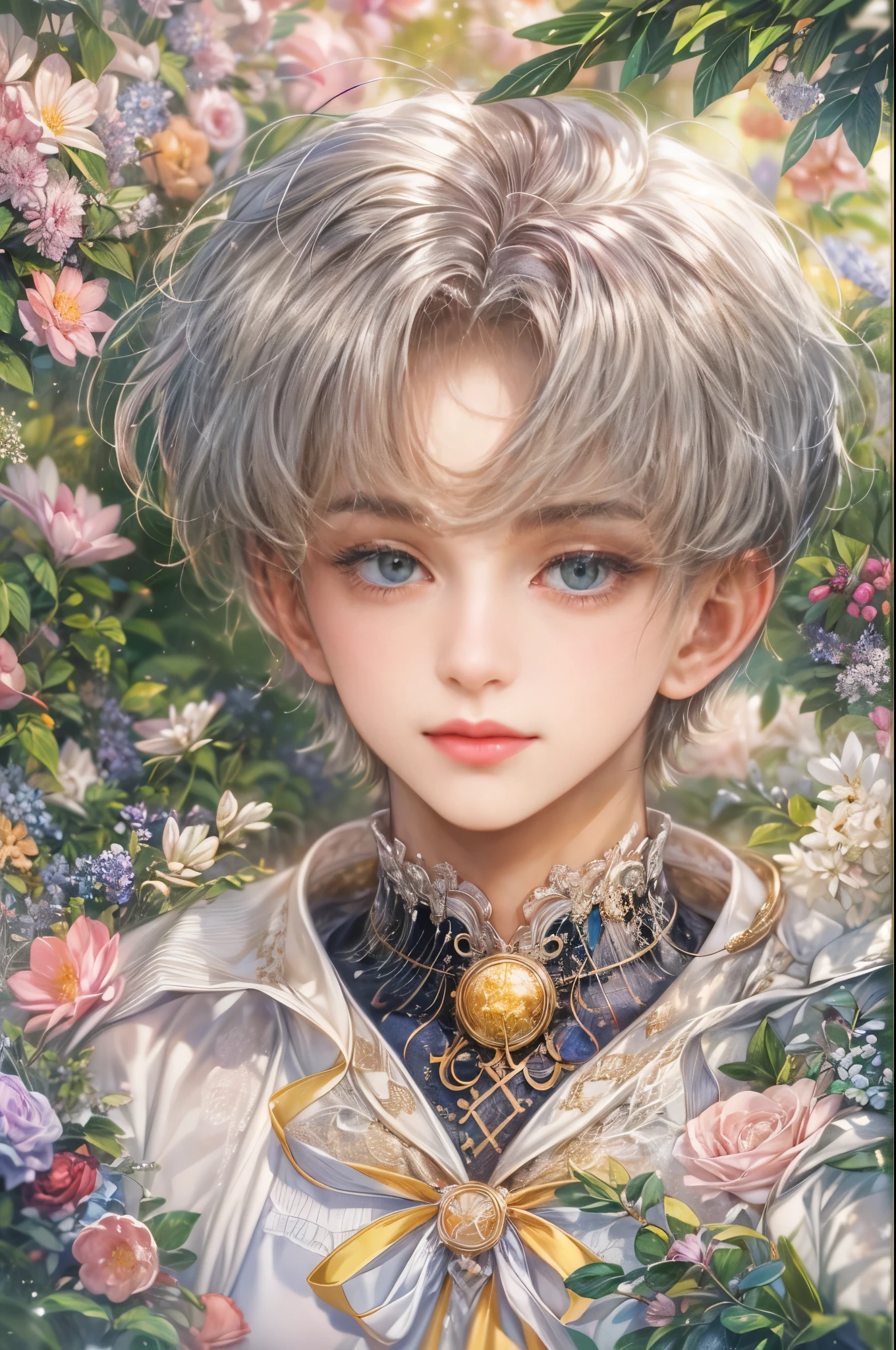 (absurdres, highres, ultra detailed, HDR), masterpiece, Intricate details,best quality picture of a character from Sailor Moon, male version of a character, handsome  boy with short Hair anime eyes, intricate details on face, in a detailed outside garden sanctuary scenery, detailed character, art kenouji