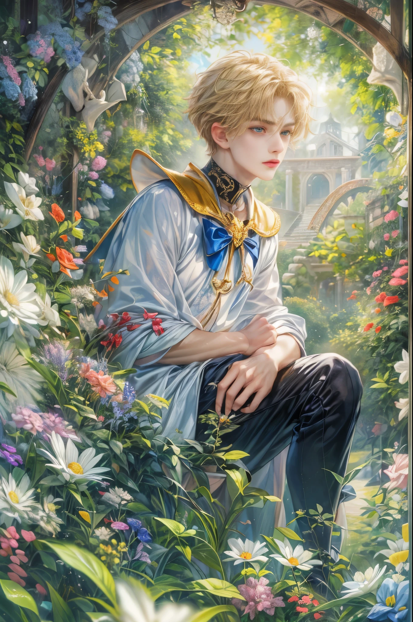 (absurdres, highres, ultra detailed, HDR), masterpiece, Intricate details,best quality picture of a character from Sailor Moon, male version of a character, handsome teen boy with short Hair anime eyes, intricate details on face, in a detailed outside garden sanctuary scenery, detailed character, art kenouji