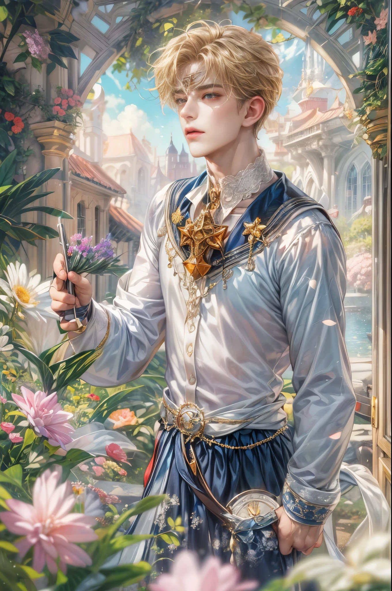 (absurdres, highres, ultra detailed, HDR), masterpiece, Intricate details,best quality picture of a character from Sailor Moon, male version of a character, handsome teen boy with short Hair anime eyes, intricate details on face, in a detailed outside garden sanctuary scenery, detailed character, art kenouji
