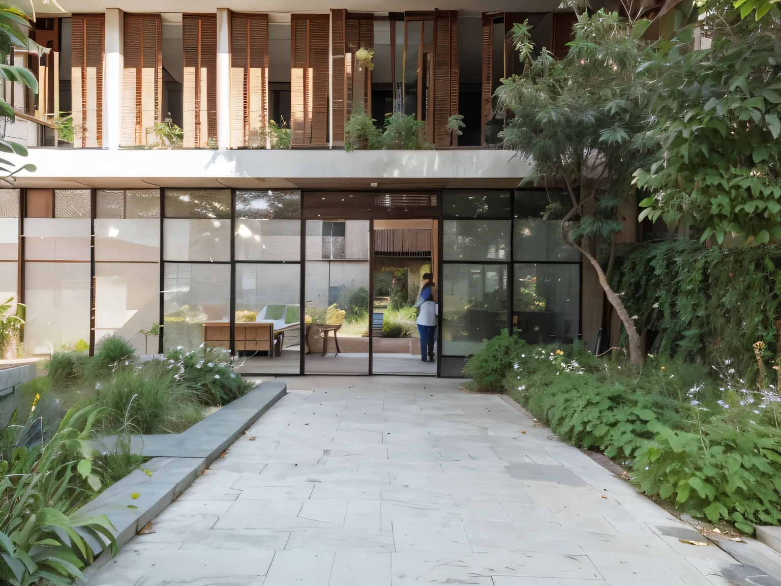 there are people, paisagismo, There is a door, com bancos, with children and lots of bushes and trees