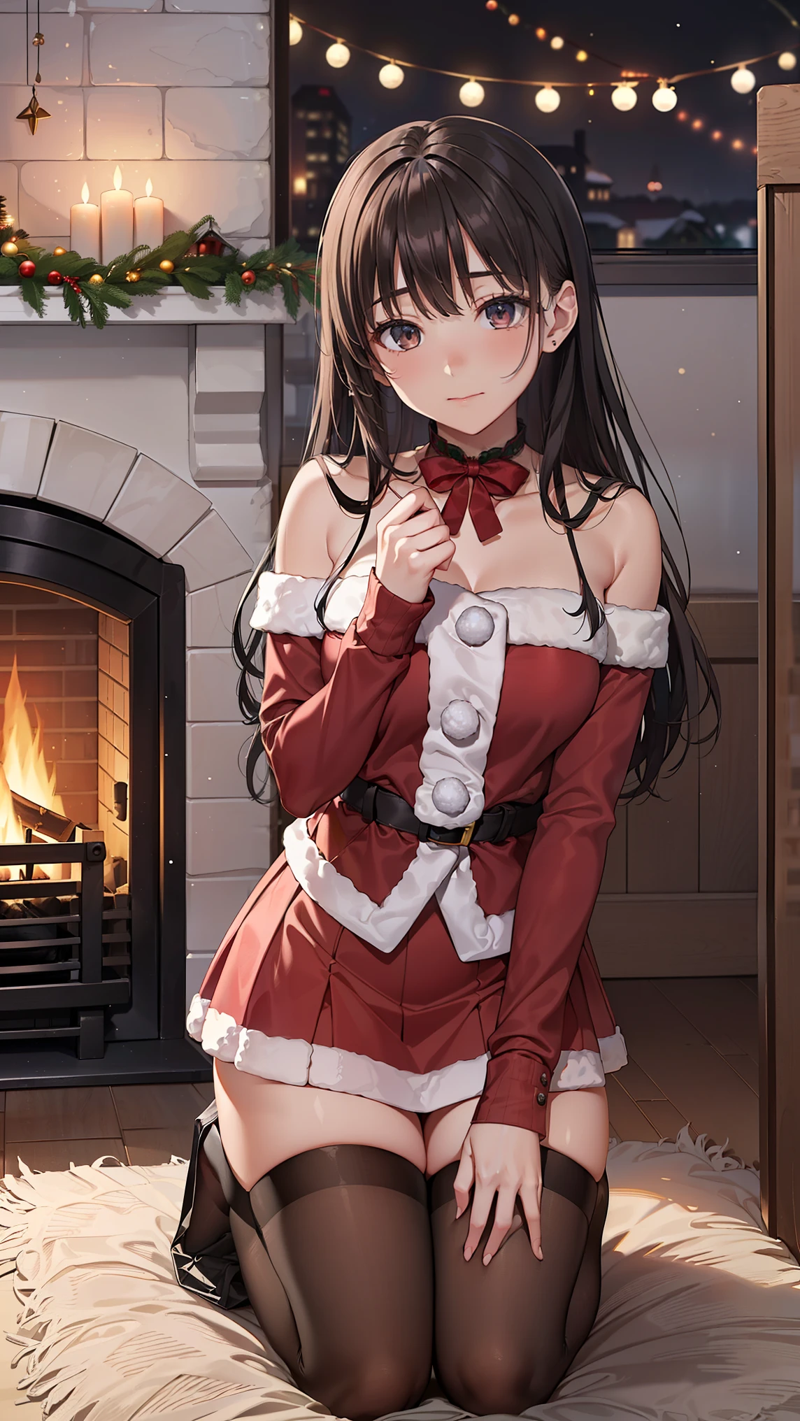 (8k, original photography, best quality)a girl,16 years old,((slim body)),long black hair,Qi bangs,((wooden house,Warmth in front of the fireplace,Christmas tree)),((Warm lighting)),(Santa style skirt),(kneeling position),Christmas style