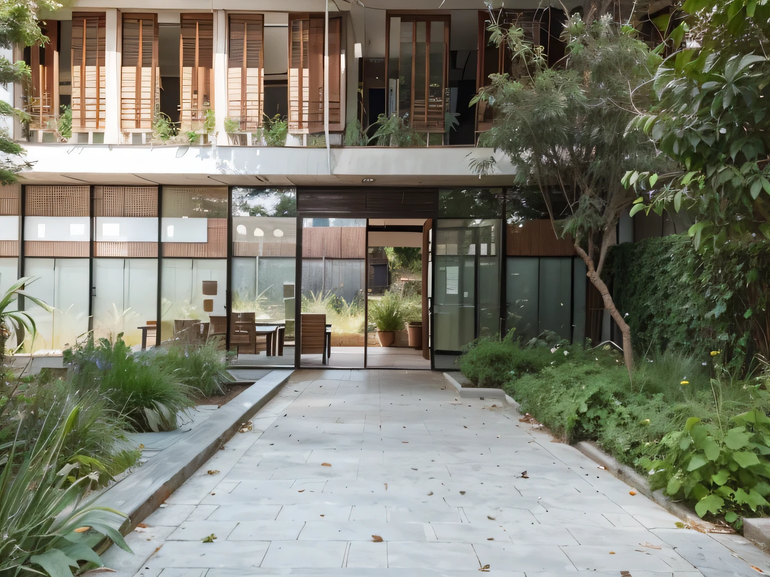 there are people, paisagismo, There is a door, com bancos, with children and lots of bushes and trees