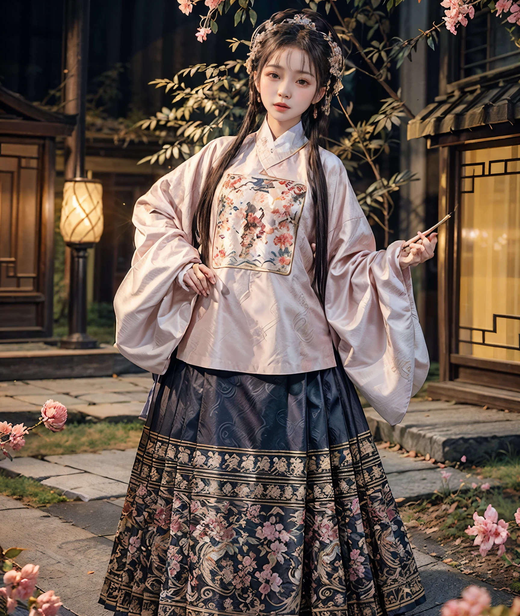 masterpiece,best quality,Super detailed,(anatomically correct,Accurate and perfect Chinese female face shape,Exquisite facial features,Dexterous hands),1 girl,a mature woman,stand up,full body portrait,Holding a paper fan in his hand,Stand and dance in the middle of beautiful Sakura Park,twist your waist,Cherry blossoms falling in the background,away from camera,(Hanfu,Gorgeous Chinese Ming Dynasty dress style clothing,Short pink coat,Black with dark gold pleated skirt,T,overlapping collar),black hair color hair,looking at the audience,Detailed skin texture,Fabric with fine texture,delicate face,petals falling,Gorgeous headdress,1.4x more realism,high detail,Ultra high quality,Very detailed,(extremely detailed pictures),(Light and shadow effects),,(light particle tracing),(Render by Octane),(optimal),(Grandmaster),8k