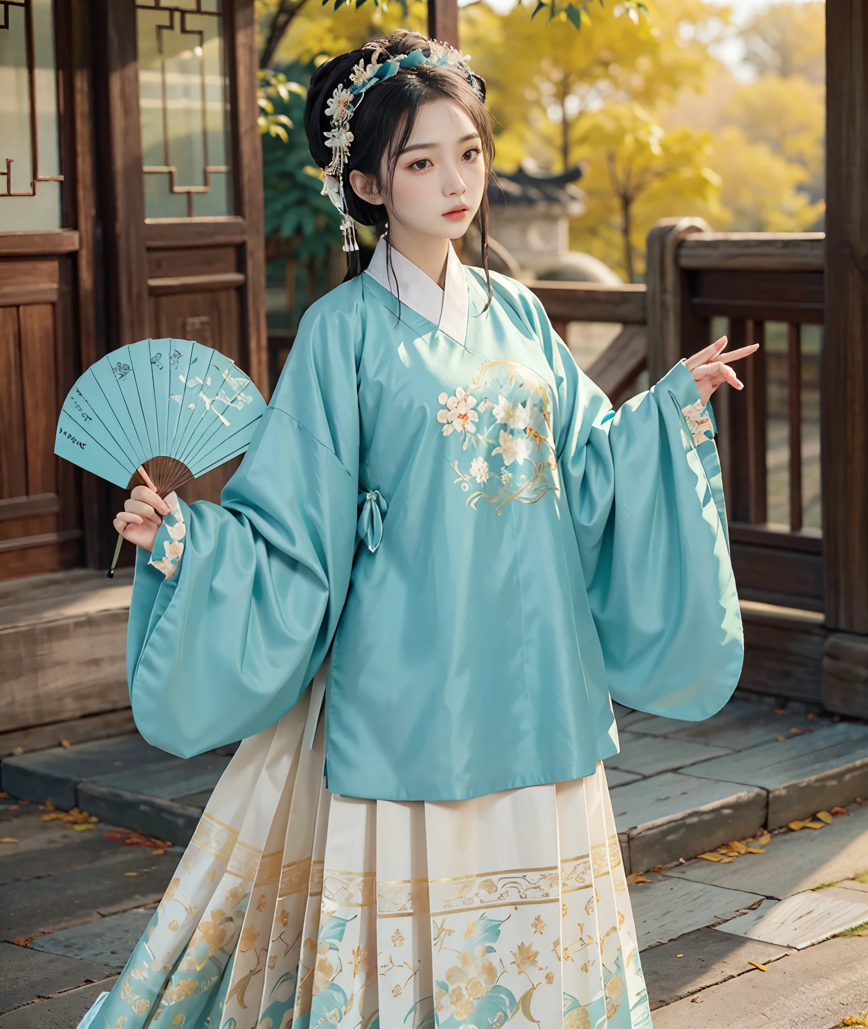 masterpiece，best quality，Super detailed，（anatomically correct，Accurate and perfect Chinese female face shape，Exquisite facial features，Dexterous hands），1 girl，20 years old，stand up，full body portrait，Holding a paper fan in his hand，Stand in the middle of a beautiful park，away from camera，(Hanfu，Gorgeous Chinese Ming Dynasty dress style clothing，Short aqua green coat，With a white pleated skirt，T，overlapping collar)，black hair color hair，looking at the audience，Detailed skin texture，Fabric with fine texture，delicate face，White Hanfu，petals falling，Gorgeous headdress，thin eyebrows，Curved eyebrows，big eyes，red lips，1.4x more realism，high detail，panoramic，Vision