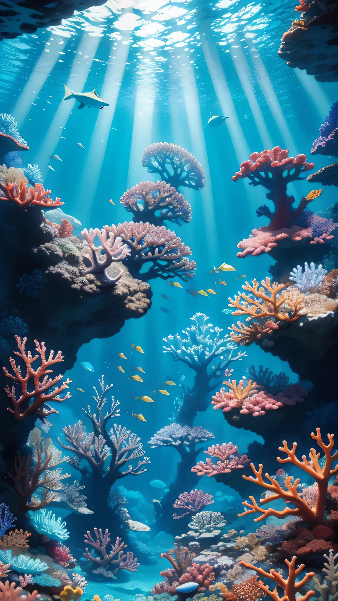 Create a magical underwater fantasy wallpaper with mystical sea creatures, colorful coral reefs, and shimmering light rays, transporting viewers to an enchanting underwater realm