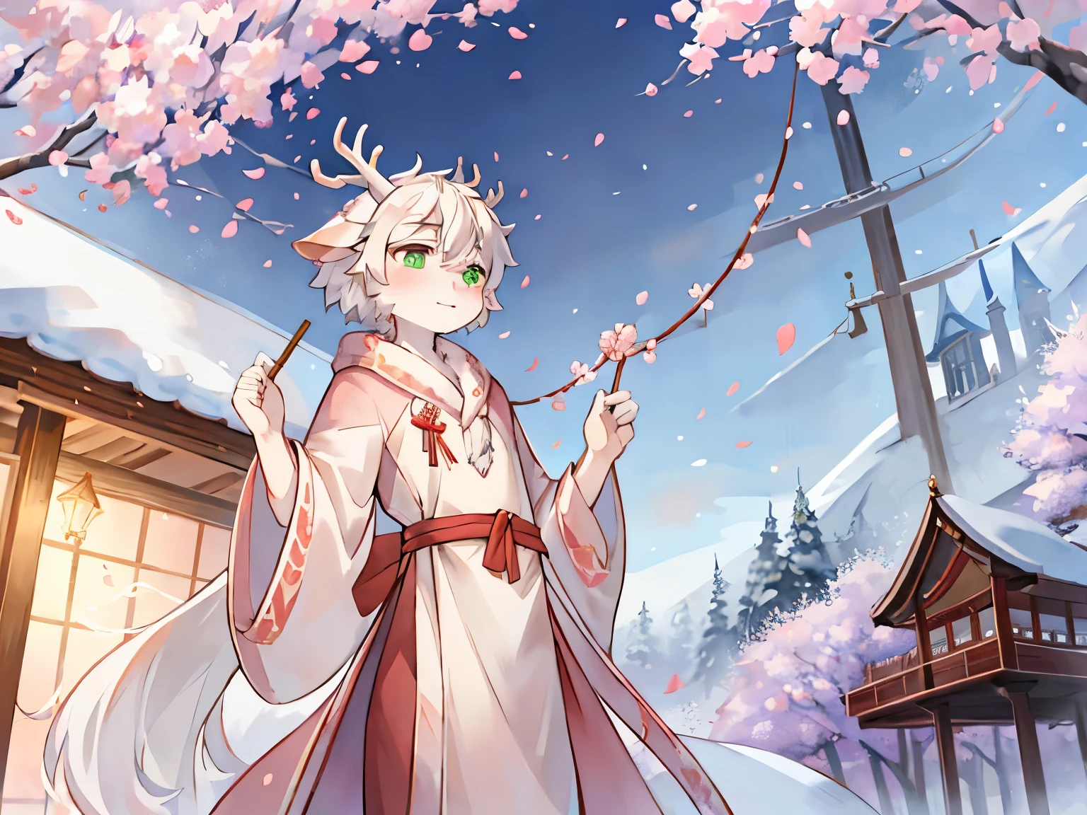 a white deer,antlers,Green pupils,white hair,robe,shawl,pink petals,pavilion,Wisteria rose,peach tree,snowflake,坐在pavilion中,Sky,Stretch out your hand to catch the petals,Petals in hand,falling petals,hold an umbrella,Heavy snow,看向Sky,Lovely shota,手里拿着plum blossom branch,plum blossom branch,Crystal pupils