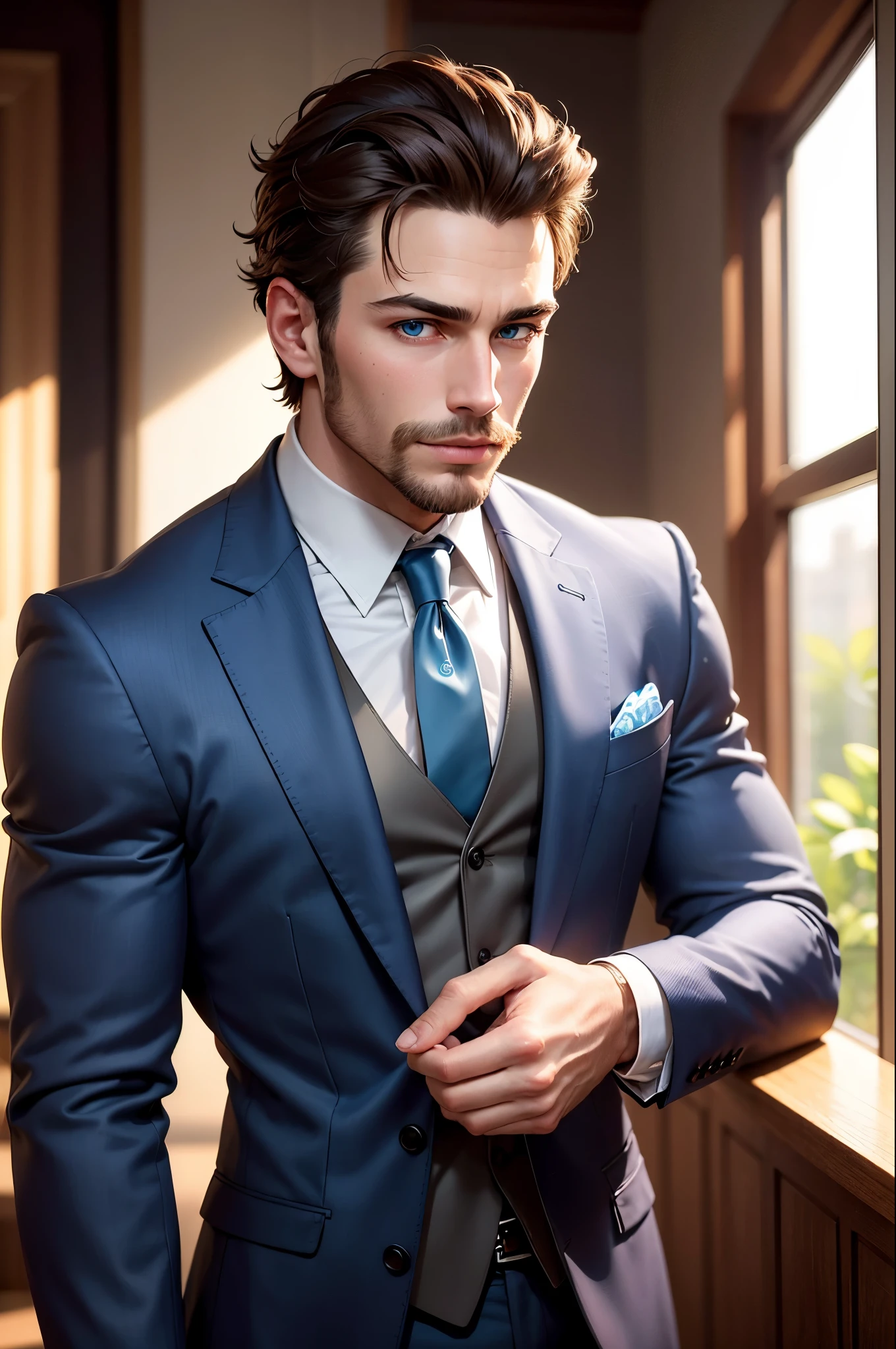 1 man, masterpiece, best quality, muscular male, three piece suit, olive-skinned, facial hair, chinstrap stubble, sideburns, brown hair, short hair, blue eyes, (bare forehead), handsome, mature, charming, alluring, (portrait), upper body, perfect anatomy, perfect proportions, 8k, HQ, (best quality:1.2, hyperrealistic:1.2, photorealistic:1.2, masterpiece:1.3, madly detailed photo:1.2), (hyper-realistic lifelike texture:1.2, realistic blue eyes:1.2), high_resolution, perfect eye pupil, (standing), perfecteyes, better_hands, perfecteyes,