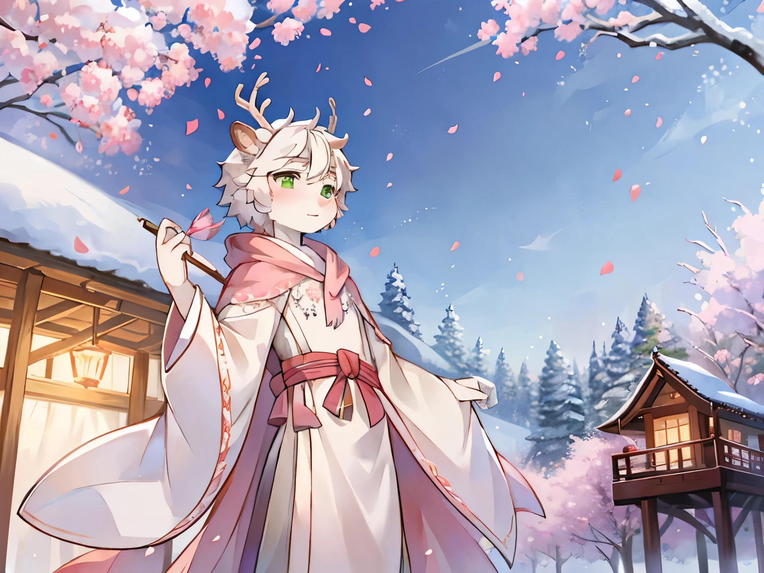 a white deer，antlers，Green pupils，white hair，robe，shawl，pink petals，pavilion，Wisteria rose，peach tree，snowflake，坐在pavilion中，Sky，Stretch out your hand to catch the petals，Petals in hand，falling petals，hold an umbrella，Heavy snow，看向Sky，Lovely shota，手里拿着plum blossom branch，plum blossom branch，Crystal pupils