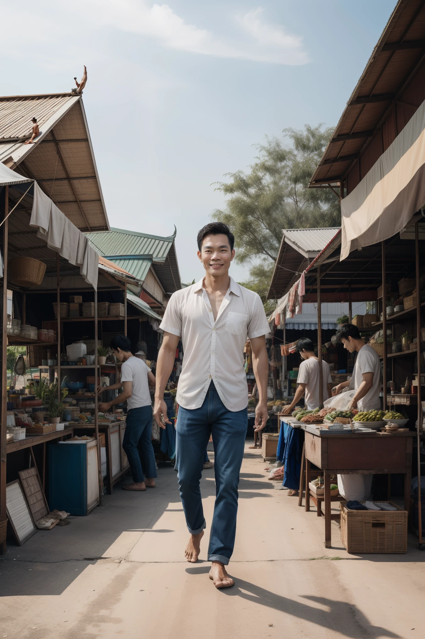 Realistic , Thai men ,flea market backdrop
