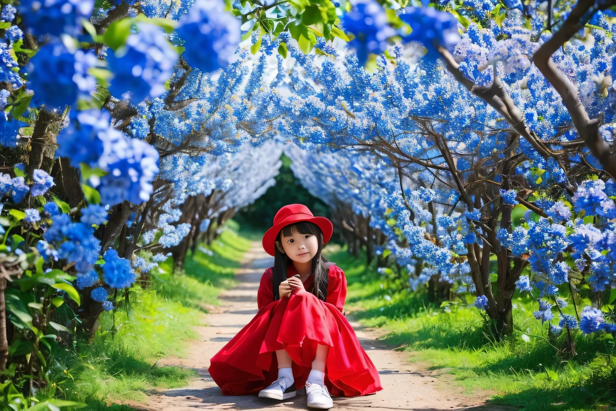Blue flowers and trees々surrounded by、There is a 9-year-old girl alone in red clothes and an indigo bird..。