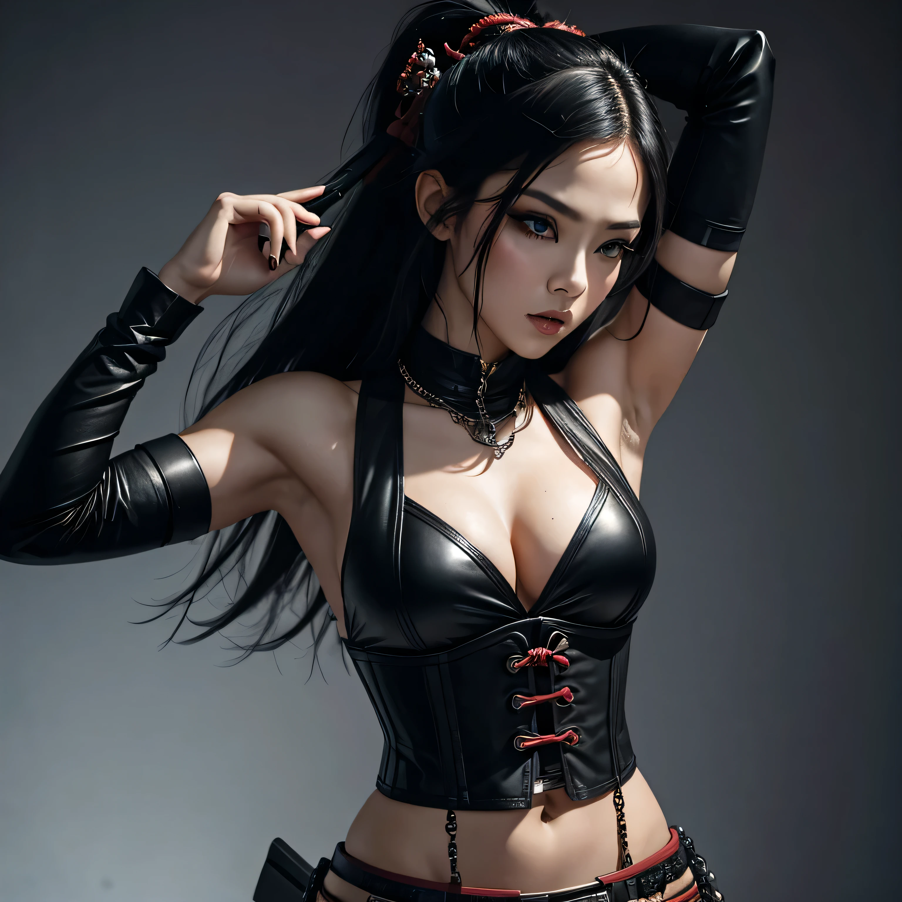1 girl, sexy, beautiful samurai, katana, samurai, muscular abs, navel, fantasy, sensual, cropped corset goth top, beautiful goth girl, sexy, deep navel, heavy goth makeup, armpit, action pose, fighting, sweaty skin,