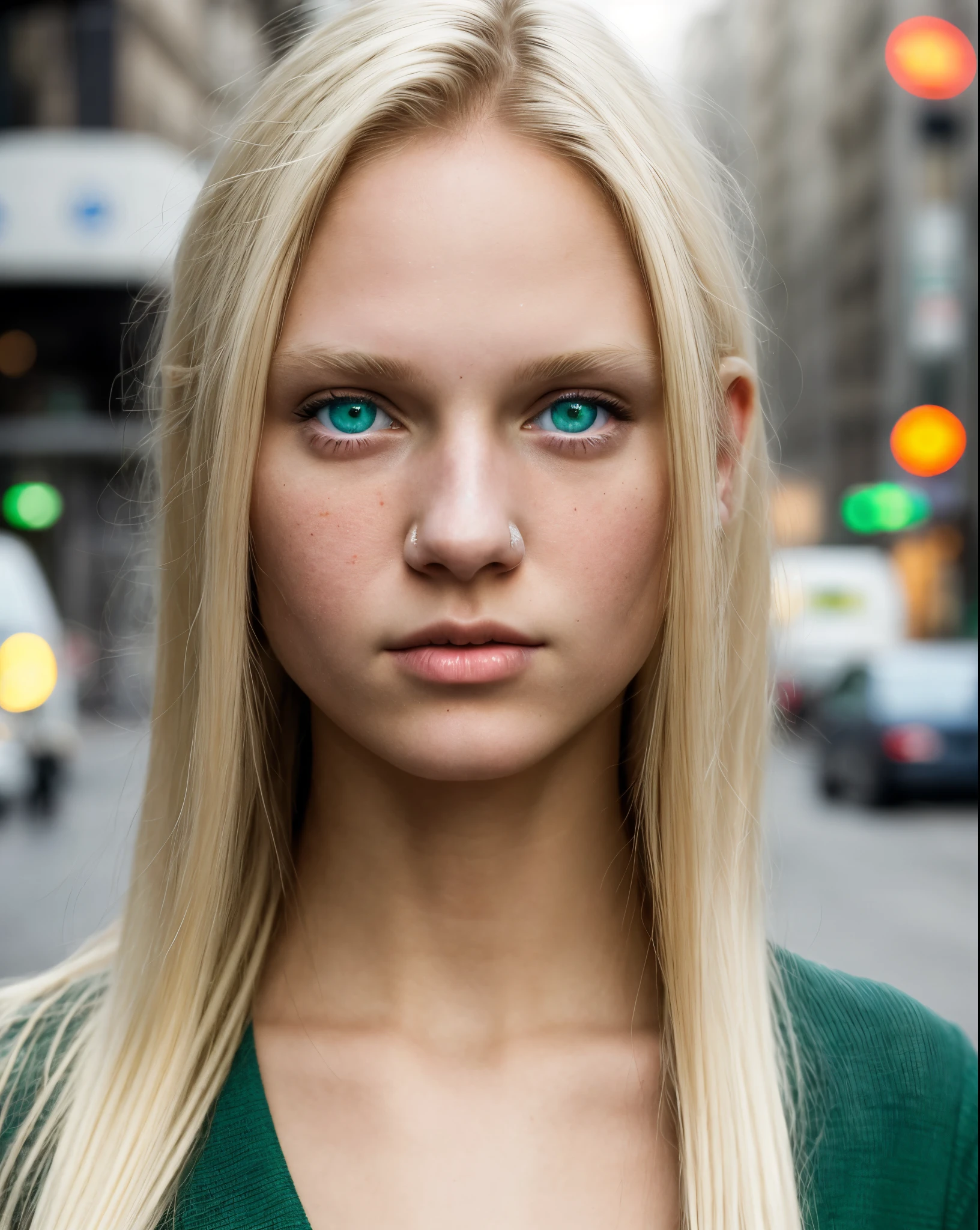 city street, metro, Volumetric, close-up portrait photo of a young woman in light clothes, ultra textured skin, green eyes, blond hair, white skin, long hair