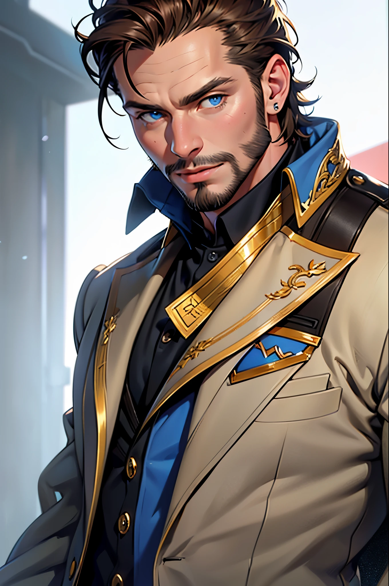 1 man, masterpiece, best quality, muscular male, three piece suit, olive-skinned, facial hair, chinstrap stubble, sideburns, brown hair, short hair, blue eyes, (bare forehead), handsome, mature, charming, alluring, (portrait), upper body, perfect anatomy, perfect proportions, 8k, HQ, (best quality:1.2, hyperrealistic:1.2, photorealistic:1.2, masterpiece:1.3, madly detailed photo:1.2), (hyper-realistic lifelike texture:1.2, realistic blue eyes:1.2), high_resolution, perfect eye pupil, (standing), perfecteyes, better_hands, perfecteyes,