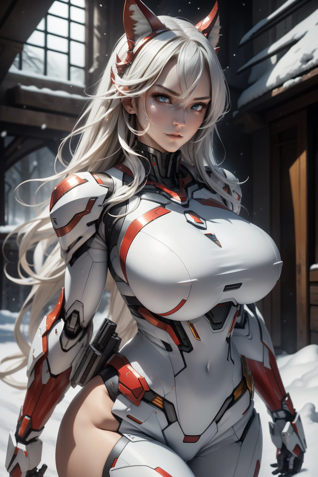 masterpiece、top-quality、hight resolution、mecha、Real with creativity、White and red metal body、Slender woman ((Big breast)) 、Topless , Beast Woman、Ultrawoman、snow-white body、(Stance:1.1)、Biomechanicegacities of the future、Dramatic Lighting、Beam rifle in hand、