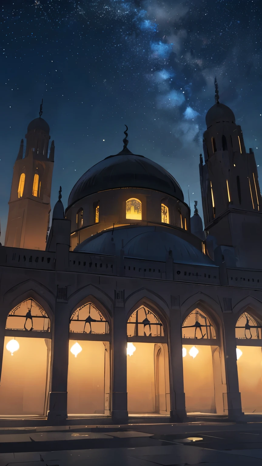 the wide dark night sky, stars, moon, silhouette of mosque in the middle, silhouette of the four towers beside the mosque,ight from the mosques and minarets,