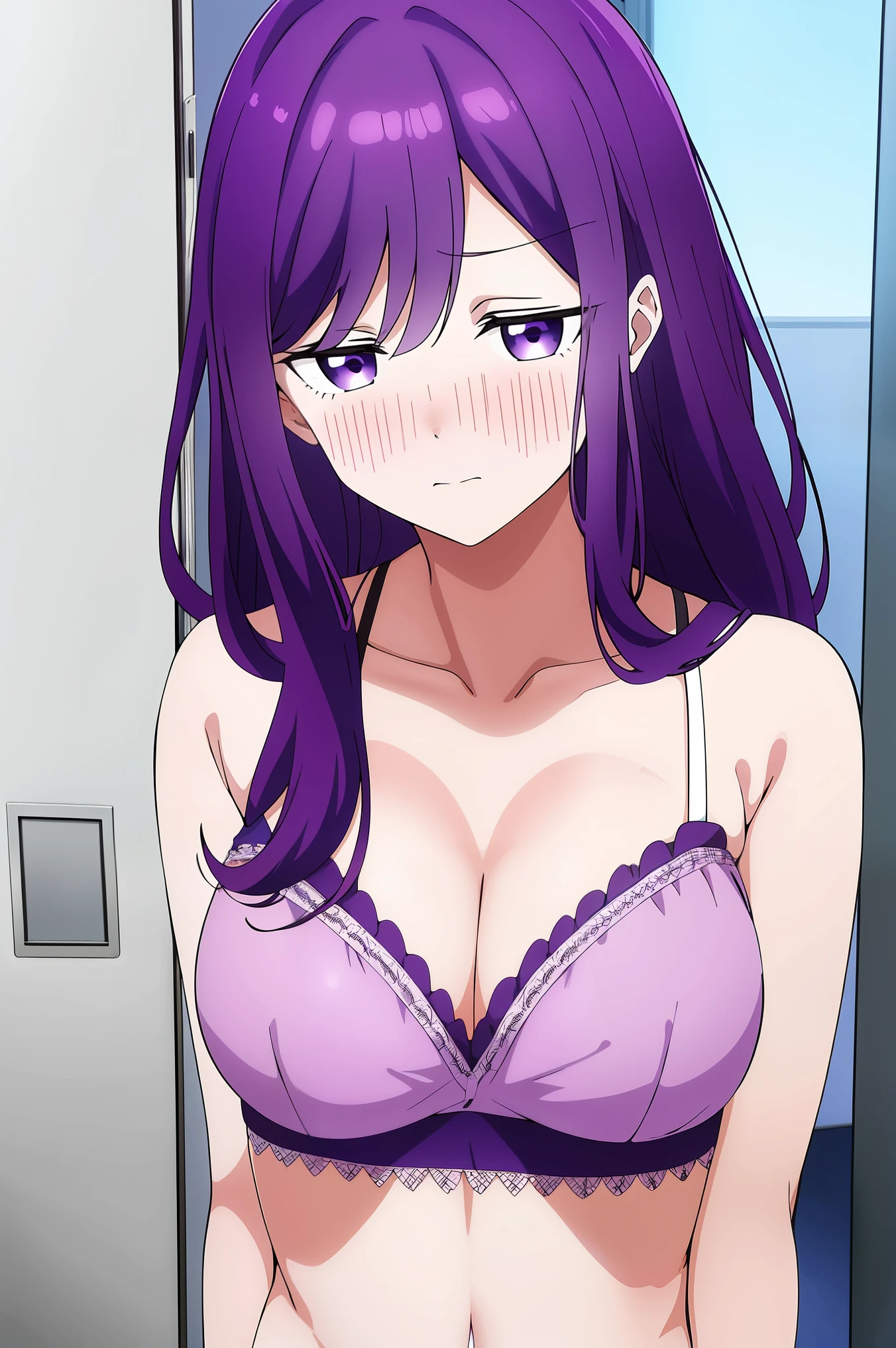 masterpiece, best quality, highres, 1girl, solo, purple hair, purple eyes, embarrassed face, bangs, white bra and panties, standing 