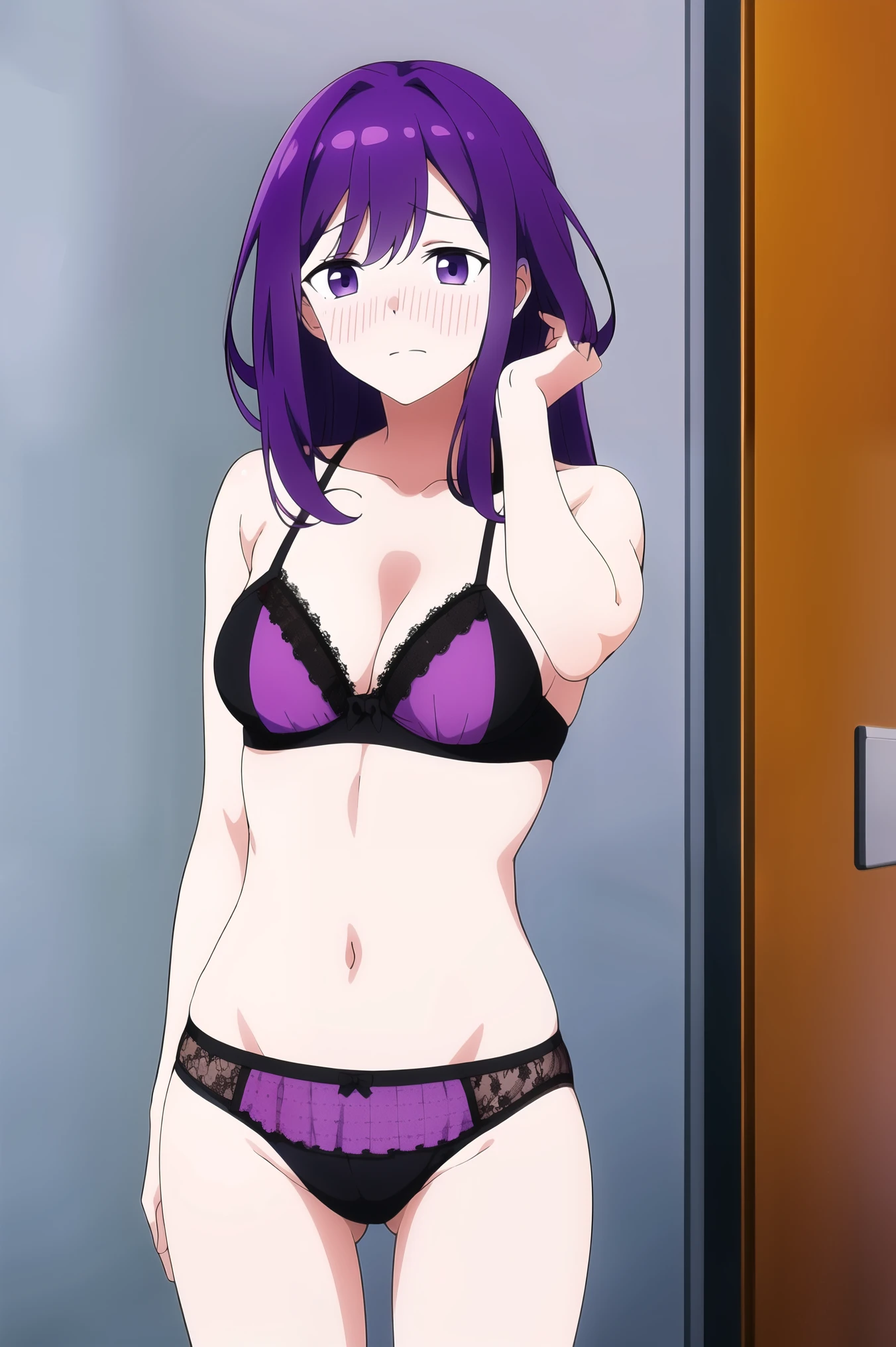 masterpiece, best quality, highres, 1girl, solo, purple hair, purple eyes, embarrassed face, bangs, white bra and panties, standing