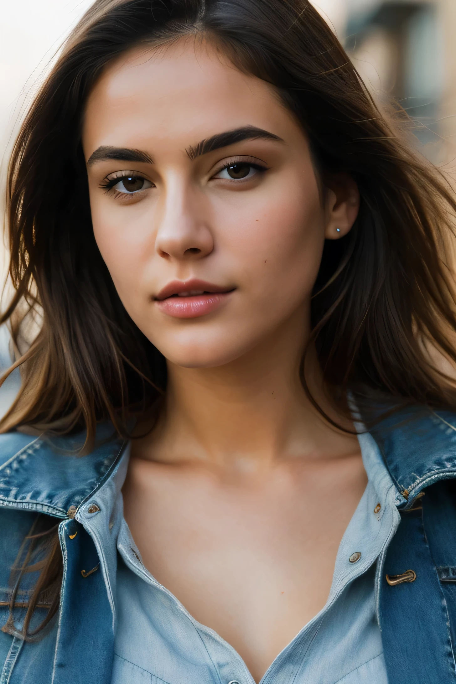 ((masterpiece)), RAW photo, (photo realistic:1.2), (extremely detailed), (sexy, erotic), High Detail, Sharp focus, beautiful eyes, detailed eyes, detailed face, detailed face perfect facial details, perfect mouth, detailed lips, solo, woman, brown hair, (jeans jacket), (realistic detailed skin), outdoors, night, city, volumetric lighting, (film grain:1.2),