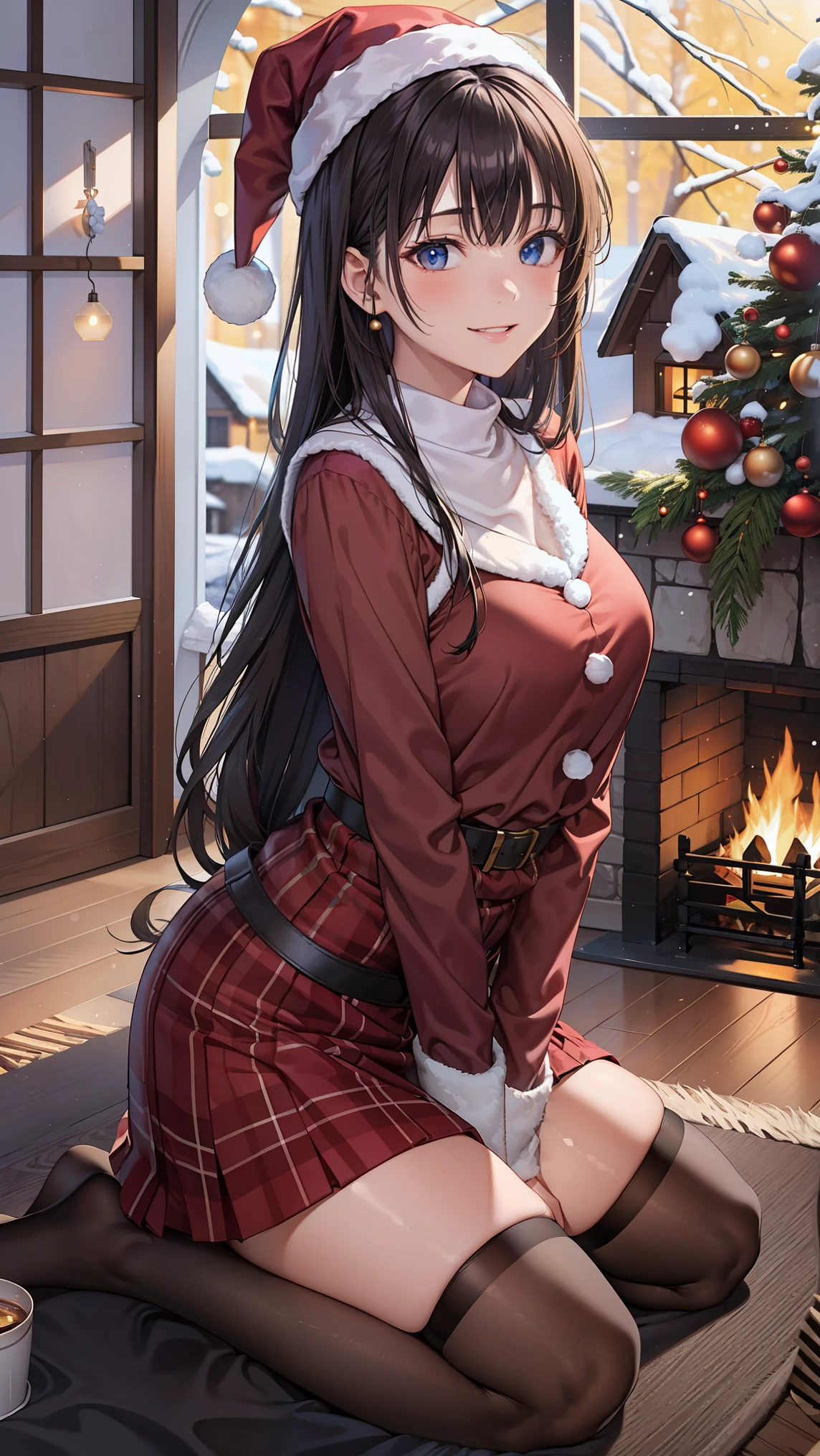 (8k, original photography, best quality)a girl,16 years old,((slim body)),long black hair,Qi bangs,(thick hair),((wooden house,Warmth in front of the fireplace,Christmas tree)),((Warm lighting)),(Santa style skirt),(kneeling position),Christmas style,Smile