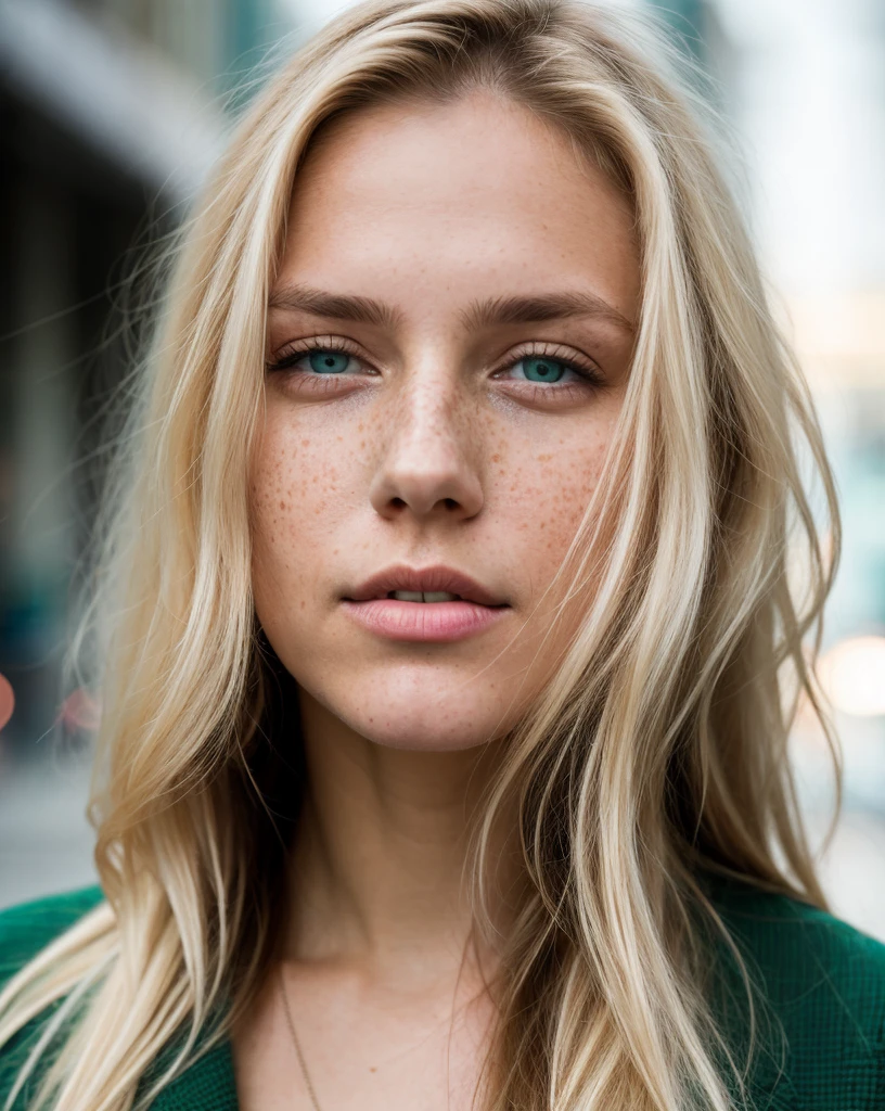 city ​​street, metro, Volumetric, close-up portrait photo of a young woman in light clothes, ultra textured skin, green eyes, blond hair, white skin, long hair, wrinkles on the skin, freckles on the face