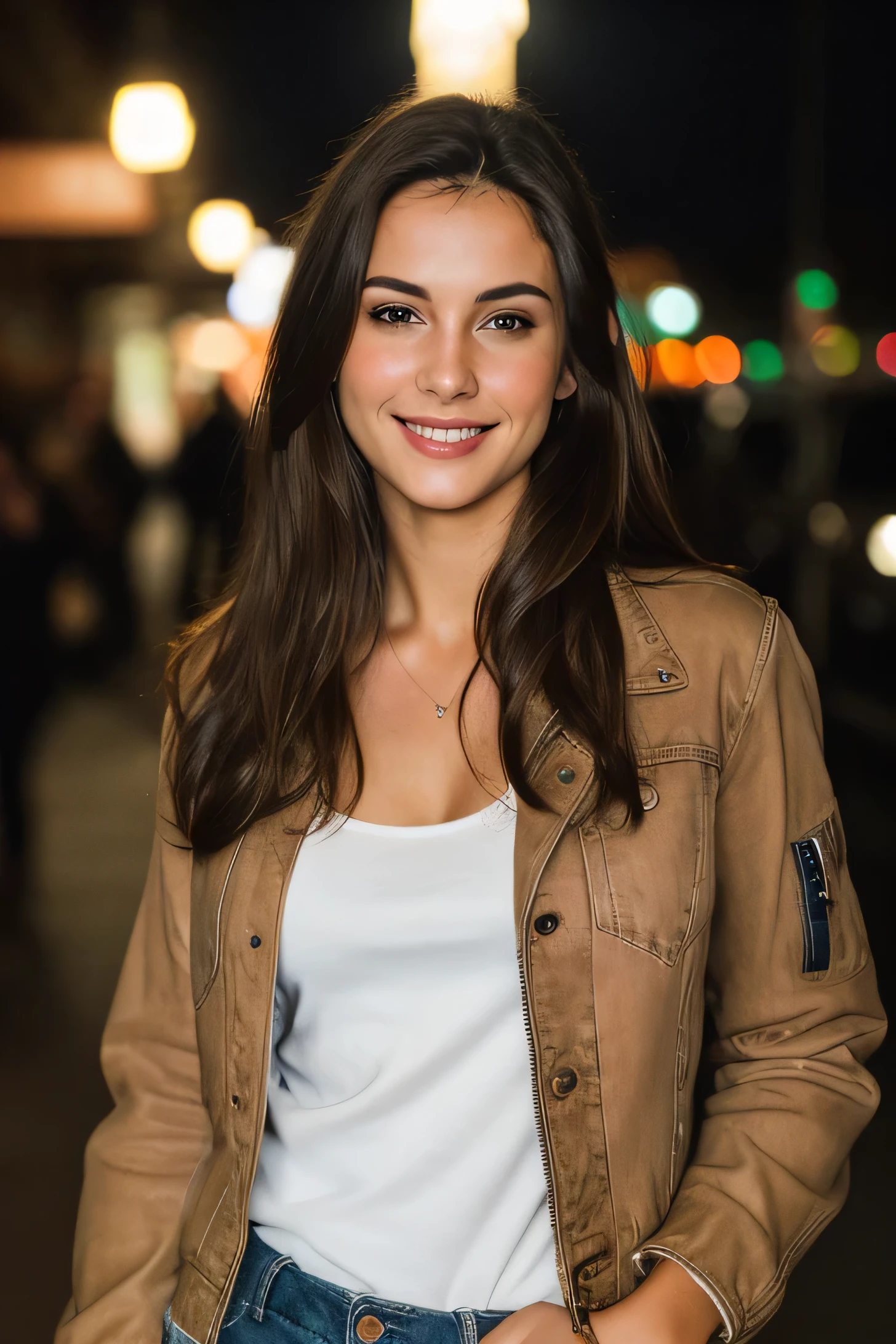 ((masterpiece)), RAW photo, (photo realistic:1.2), (extremely detailed), (sexy, erotic), High Detail, Sharp focus, beautiful eyes, detailed eyes, detailed face, detailed smiling face perfect facial details, perfect mouth, detailed lips, solo, woman, brown hair, (jeans jacket), (realistic detailed skin), outdoors, night, city, volumetric lighting, (film grain:1.2),