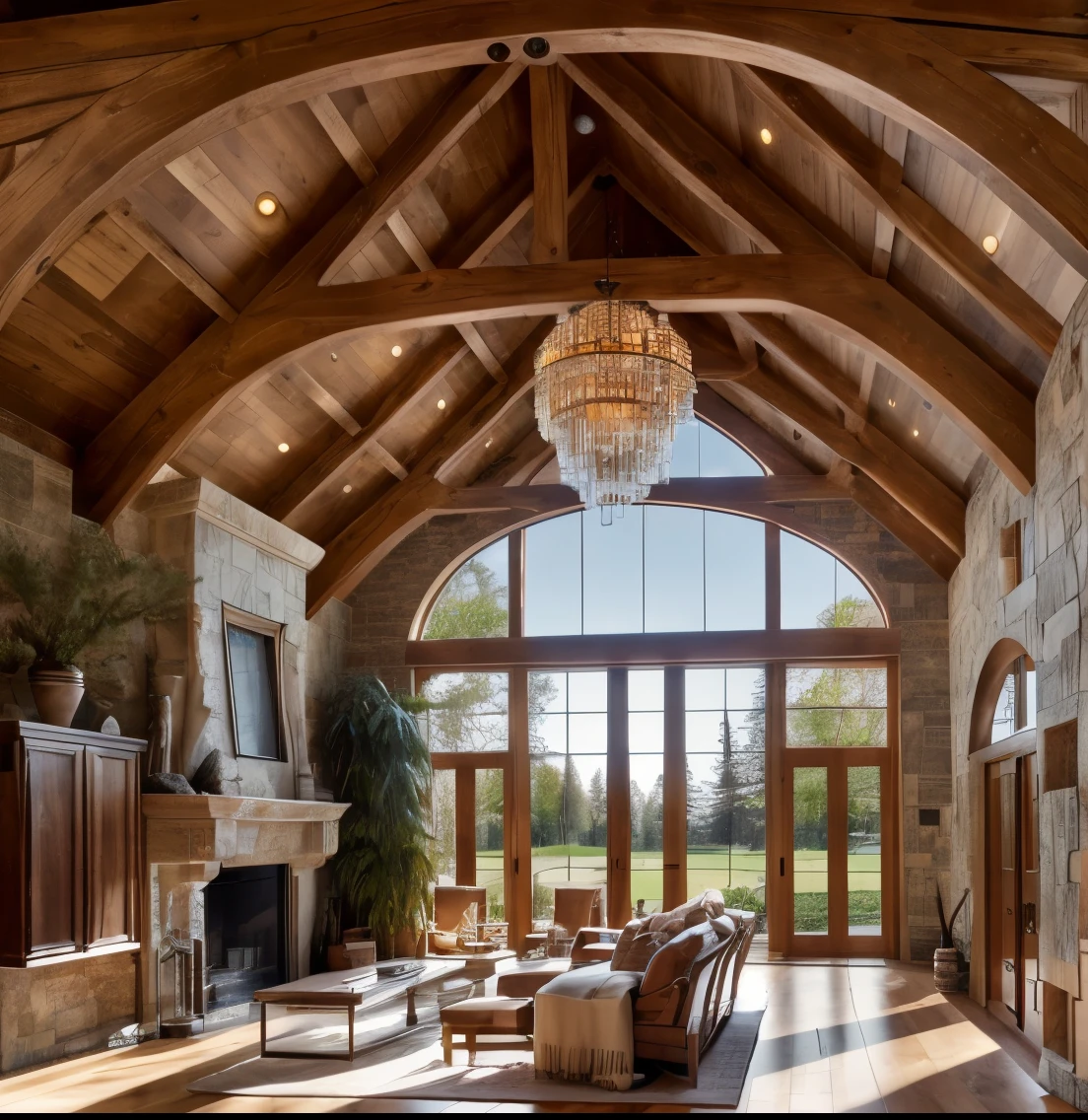 RAW photo, Masterpiece, high quality, best quality, realistic, super detailed, American architecture, ceiling with natural wooden purlins, paper decorated walls wallpaper, natural stone fireplace, luxury neoclassical sofa sunset light, dark brown wooden floor, Archdaily architecture, (high detail: 1.2), 8k uhd, dslr, light soft, high quality, film grain, Fujifilm XT3
