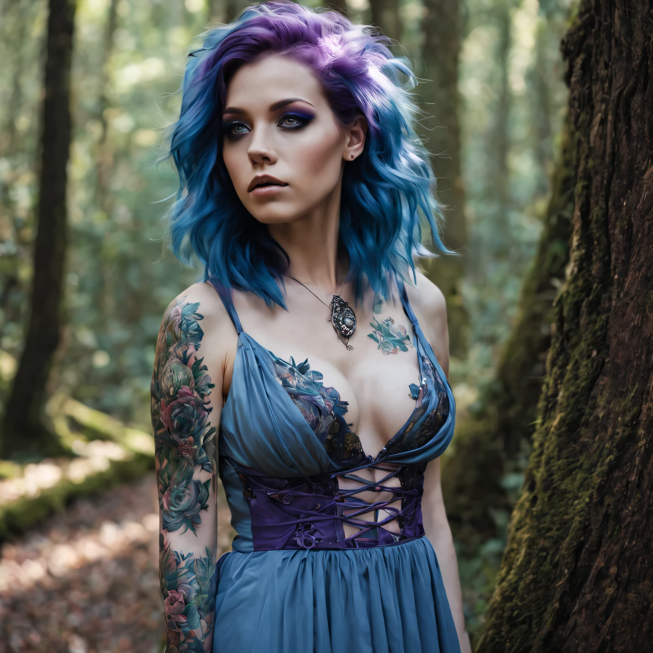 metal girl tattoo all over ,robe gothique courte fendu décolté, jolie courbe ,grosse poitrine imposante,cheveux violet long,Yeux bleu clair,regarde camera,In the Enchanted Forest,beaucoup soleil,plan en pied