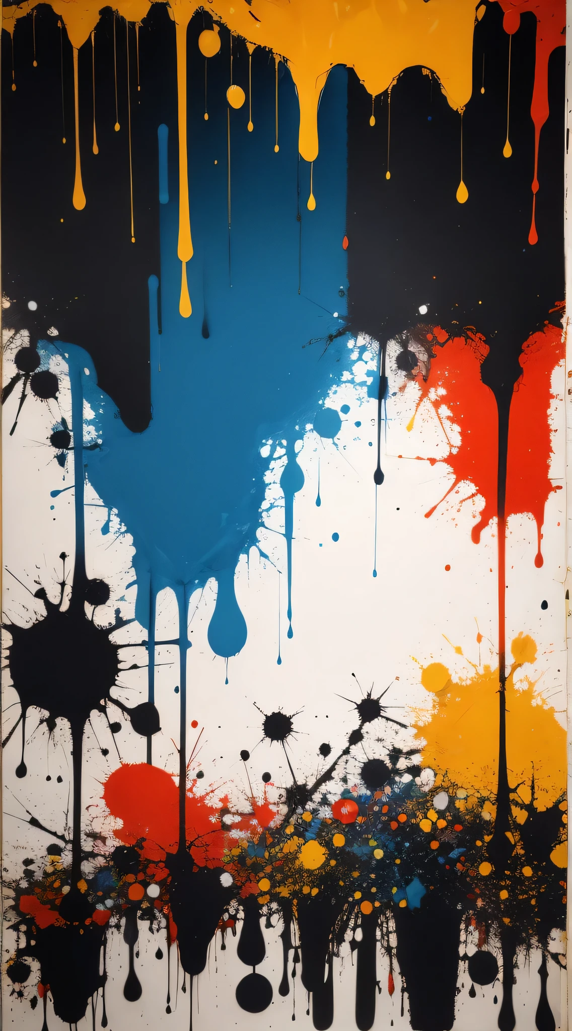 Develop an abstract expressionist wallpaper inspired by the works of artists like Jackson Pollock or Willem de Kooning, featuring bold brushstrokes, splatters, and vibrant colors