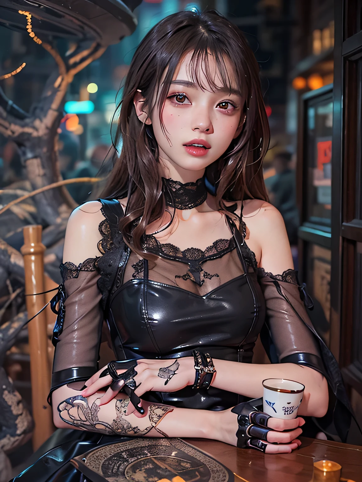 8k, RAW photo, highest quality, masterpiece, realistic, photorealistic, clear, professional lighting, beautiful face, highest quality, ultra high resolution.
break (whole body.:1.5), ,(18 years old very beautiful Japanese girl:1.3)
NSFW,
thin, very flat chest, very small breasts
(The supermodel poses in various poses with a confident smile in a photoshoot, :1.4)
(A very stylish cafe terrace at night, magically lit up, :1.3)
((Futuristic stylish cyberpunk leather dress):1.3)
break latex, shiny, liquid, rubber, break(turtleneck:1.2),(black theme:1.3),(lace and leather turtleneck,:1.3)(Black Maximum A-Line Leather Skirt:1.4),
(lace and leather patchwork:1.5),
(Separate leather dress with intricate triangular silhouette and lace decoration:1.5),
(lace patchwork,:1.4),hand,DetailXL,2b-Eimi,virgin destroyer sweater,beautiful portrait,wonder of beauty,cat lingerie,future camisole, side boob,jclnyz,xxmixgirl,underboob,bodycon,masterpiece