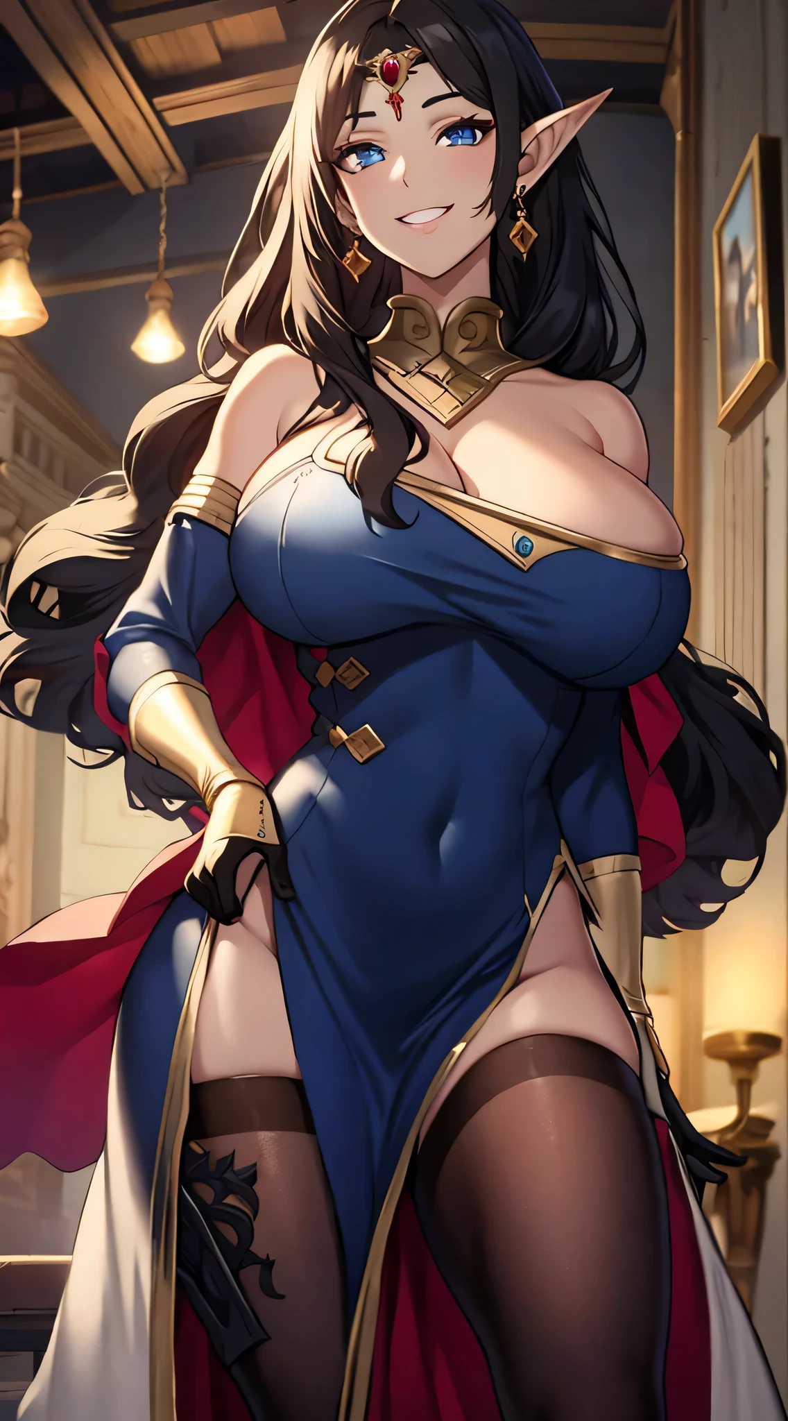 olga discordia, long black hair, long elf ears, dark elf, colored skin, brown skin, hair stick, bangs, blue eyes, solo, smiling, standing, upper body, hips, bare shoulders,purple thighhighs,whie dress, gold jewelry,armor,gloves,circlet, cleavage, red and gold royal castle, gigantic breasts, (best quality, masterpiece, beautiful and aesthetic:1.2, highest detailed face, perfect face,) eyes, perfect face,expressive eyes,
looking at viewer, in the center of the image,(Upper_body),(Focus on her face),
official art,extremely detailed CG unity 8k wallpaper, perfect lighting,Colorful,
(masterpiece:1.0),(best_quality:1.0), ultra high res,4K,ultra-detailed