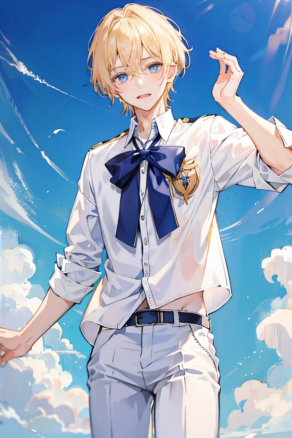 1 boy, blonde hair, blue eyes, 20 year old beautiful boy heartbreak no background white school uniform simple clothes background white white pants