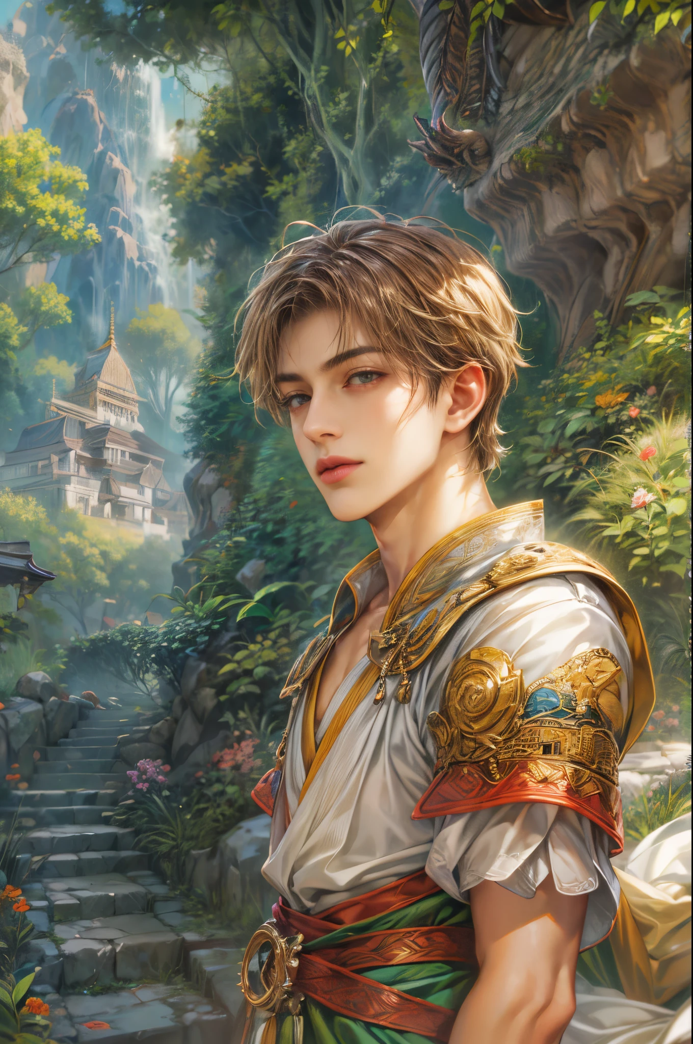(absurdres, highres, ultra detailed, HDR), masterpiece, Intricate details,best quality picture of a character from Suikoden 2, handsome teen boy with short Hair anime eyes, intricate details on face, brave look, in a detailed outside paradise sanctuary scenery, detailed character, art kenouji