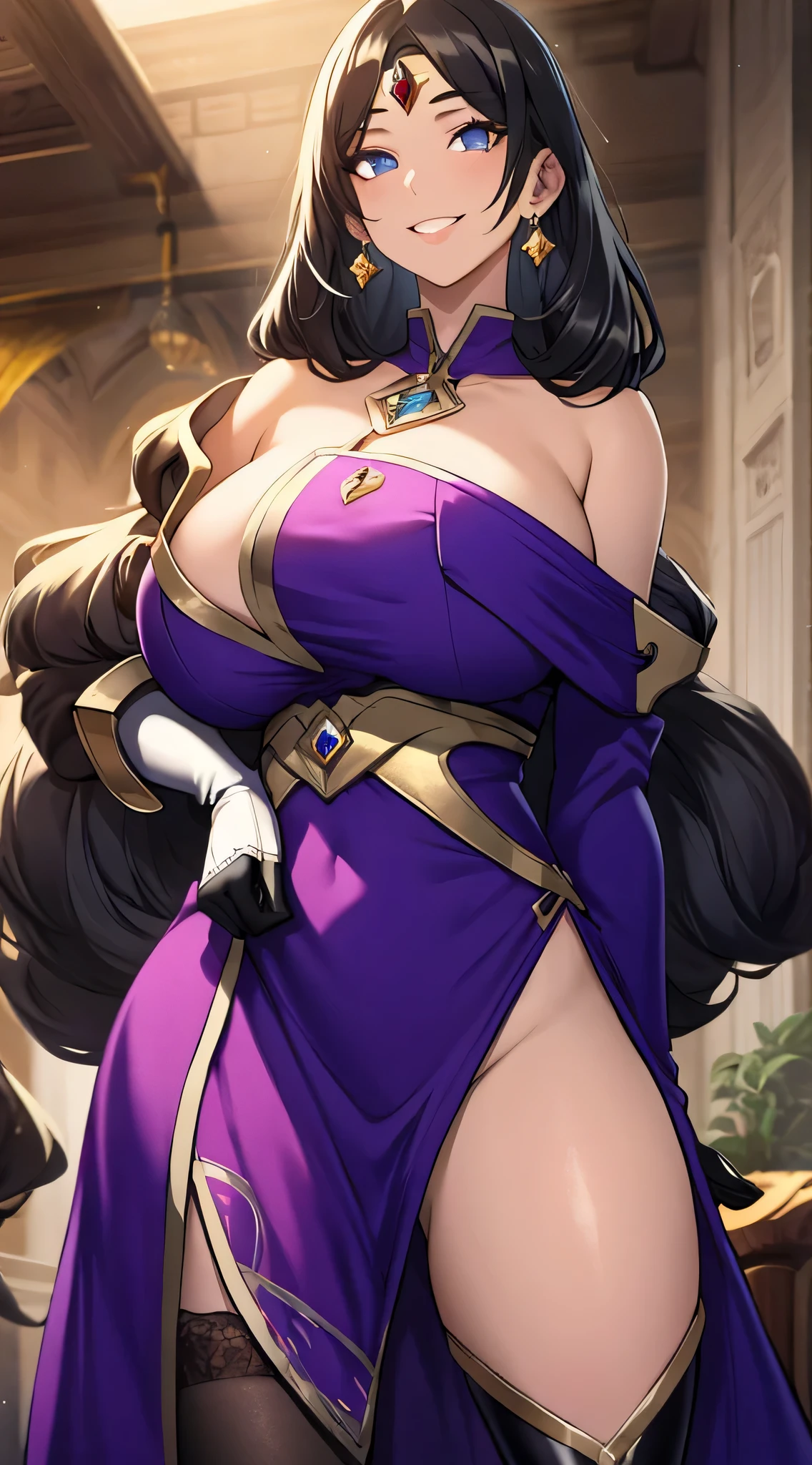 olga discordia, long black hair, colored skin, brown skin, hair stick, bangs, blue eyes, solo, smiling, standing, upper body, hips, bare shoulders,purple thighhighs,violet dress, gold jewelry,armor,gloves,circlet, cleavage, red and gold royal castle, gigantic breasts, (best quality, masterpiece, beautiful and aesthetic:1.2, highest detailed face, perfect face,) eyes, perfect face,expressive eyes,
looking at viewer, in the center of the image,(Upper_body),(Focus on her face),
official art,extremely detailed CG unity 8k wallpaper, perfect lighting,Colorful,
(masterpiece:1.0),(best_quality:1.0), ultra high res,4K,ultra-detailed