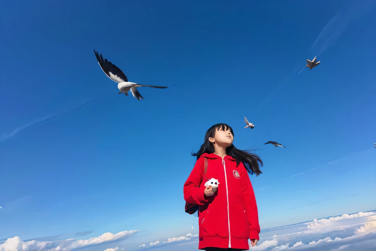 A wearing red clothes is flying alone in the sky with a blue bird.。