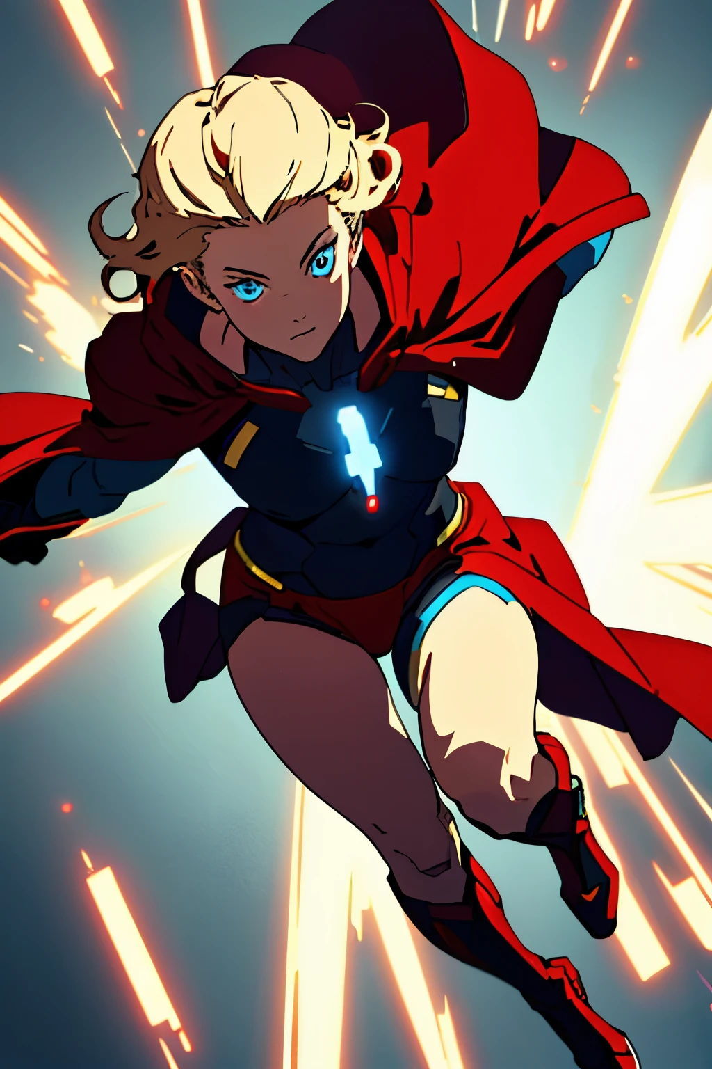 1 girl , wearing a skin tight costume , red cape , blonde hair , hovering in the air , 2 eyes , detailed , blue eyes , glowing, full body , 5 fingers in both hands , super detailed , masterpiece quality